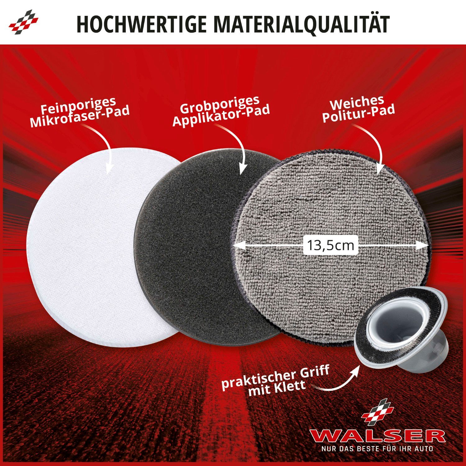 WALSER Polierpad Profi Set 3x Applikator Pads + Griff Mikrofaser, Auto Polierpad Schwamm Hand Pad Kissen Politur Wachs Reinigung Pflege
