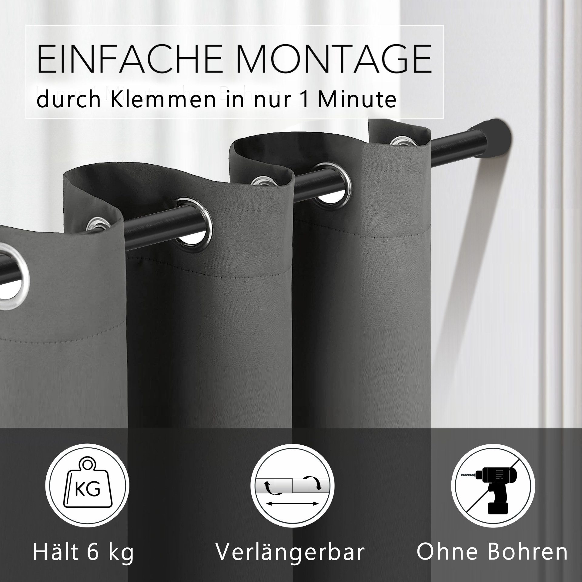 tinycurtains Klemmstange Teleskopstange 70-120 cm oder 111-200 cm Vorhangstange ohne Bohren, Ø 0.22 mm, 1-läufig, ausziehbar, klemmbar, Duschvorhangstange, Badstange, Gardinenstange, Metall, Klemmstange, stufenlos verstellbar, rostfrei, Stange für Türvorhang