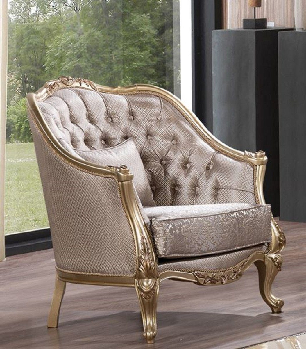 Barock elegantem Sessel - mit Barock Muster Padrino Barockstil - Möbel Luxus Wohnzimmer / Sessel Silber Sessel - Möbel Einrichtung Casa Gold Wohnzimmer Casa Padrino Barock Luxus Prunkvoller - im