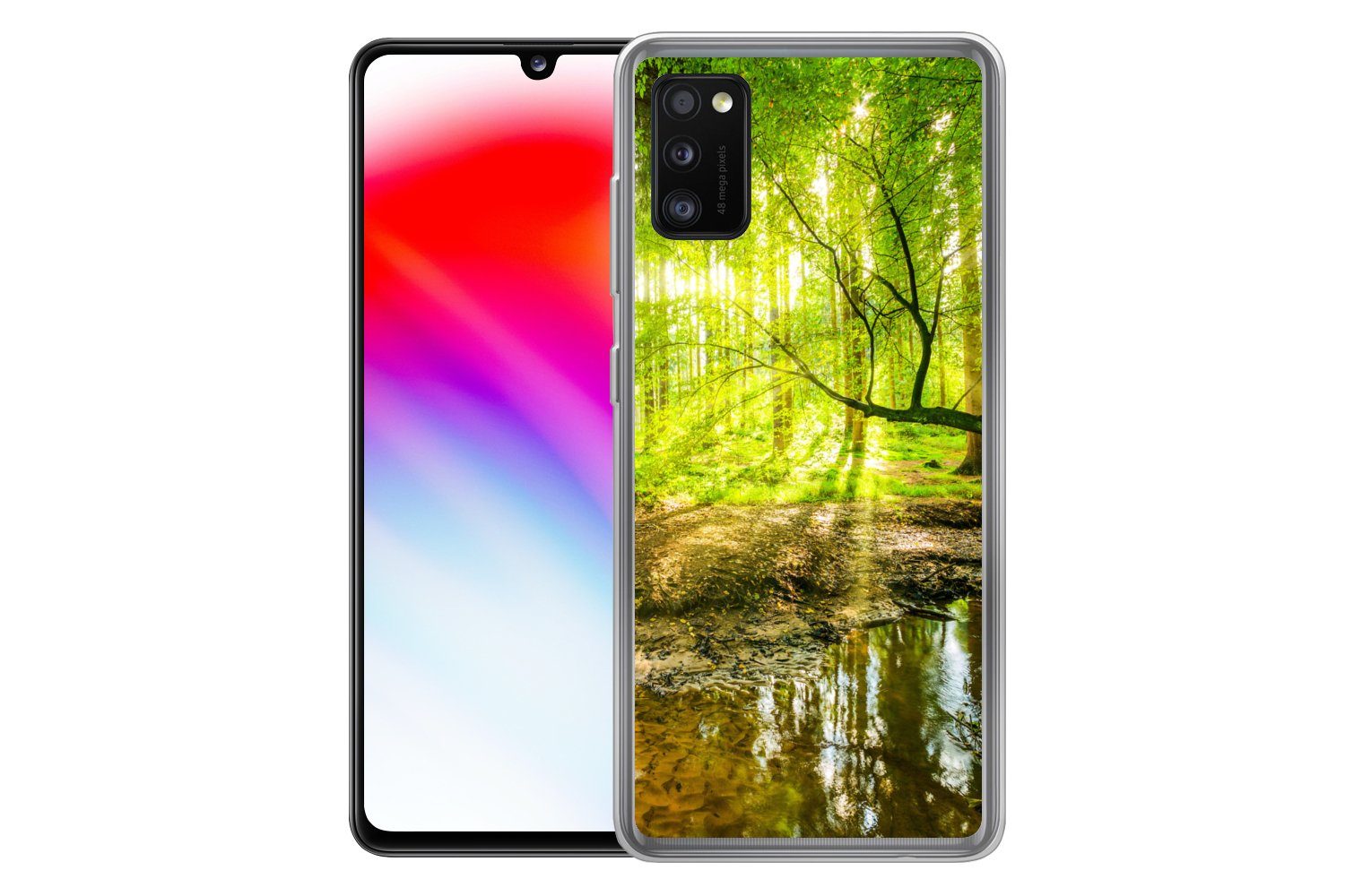 MuchoWow Handyhülle für Samsung Galaxy A41 Wald - Landschaft - Wasser - Bäume - Sonne - Gr, Smartphone-Bumper, Print, Handy Schutzhülle Dünn