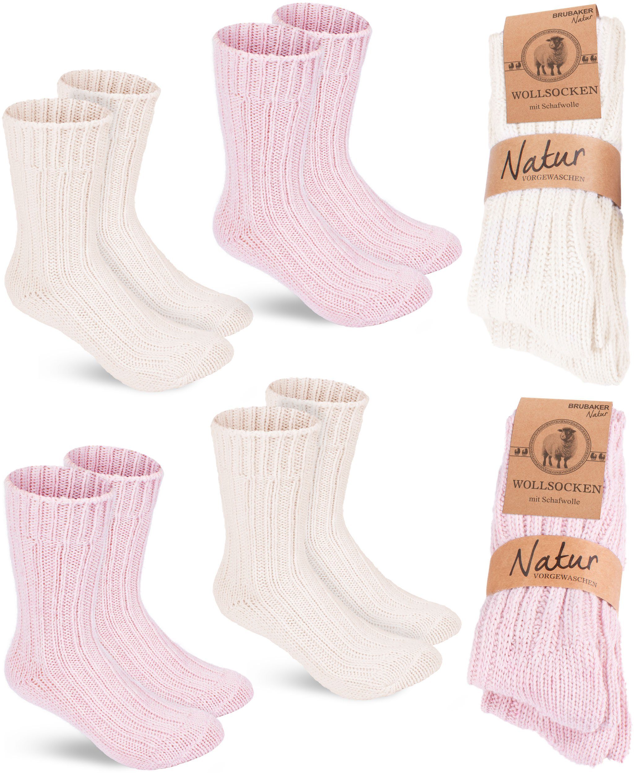 BRUBAKER Socken Wollsocken Set - Flauschiges Set und Warme mit Wintersocken Winter Stricksocken) Schafwolle Herren Rosa (4-Paar, und Thermosocken Damen für Beige