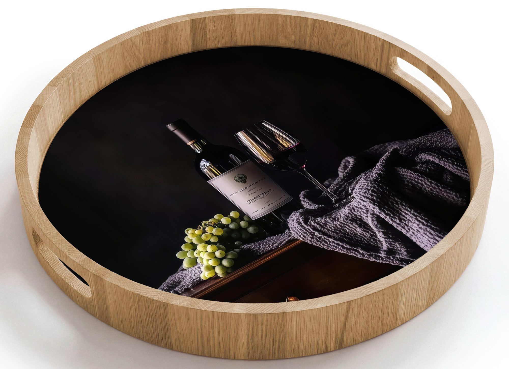 OnlyWow Tablett Rund mit Henkel Trauben - Wein - Rot - Tafel, Eichenholz, (1-tlg), Siervierplatte, Tray, Frühstücksbrett