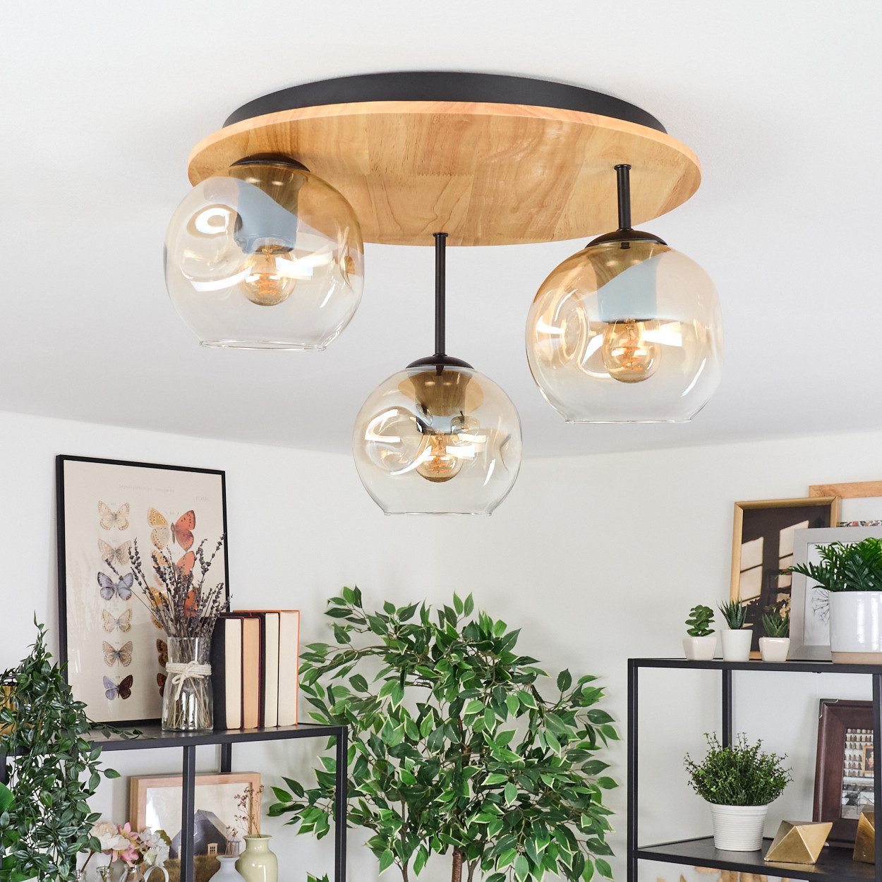 hofstein Deckenleuchte Deckenlampe aus Metall/Holz/Glas in Schwarz/Natur/Be günstig online kaufen