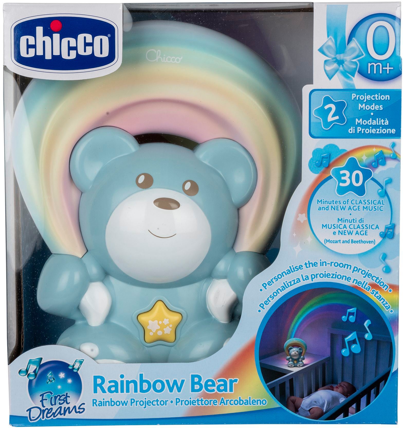 Nachtlichtfunktion, Chicco Melodien, Regenbogenprojektor Bär, Einschlafhilfe, Melodien Deckenprojektion, Nachtlicht mit Blau,