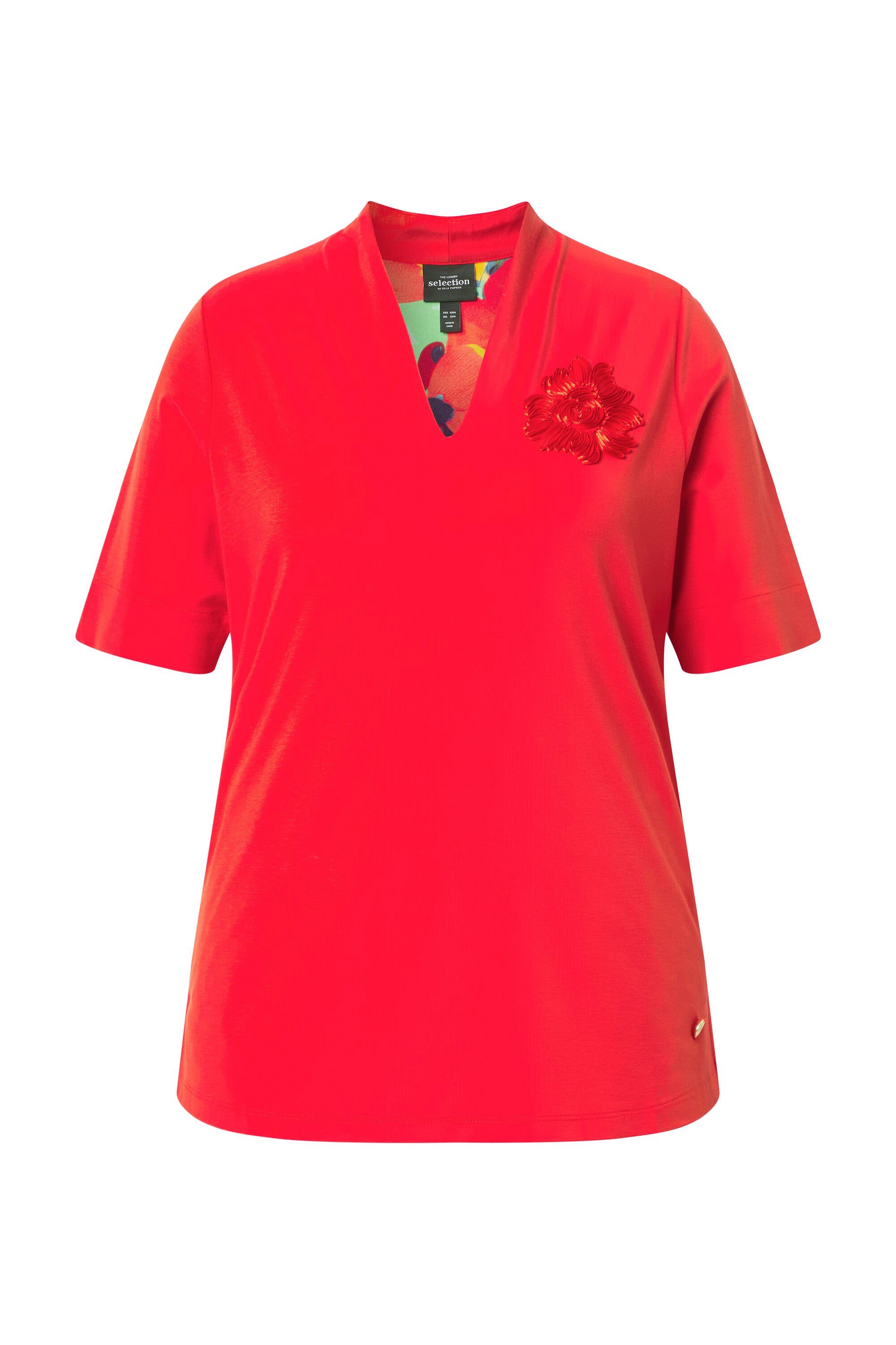 Ulla Popken T-Shirt T-Shirt Applikation Kelchkragen V-Ausschnitt