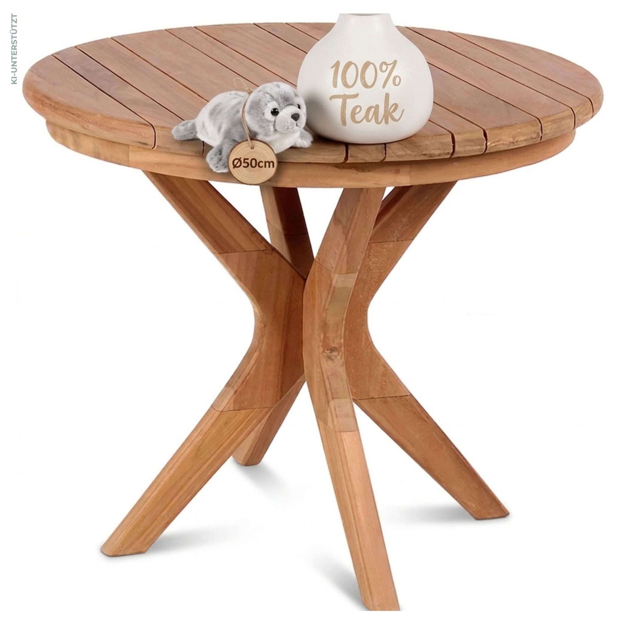 MR.DEKO Beistelltisch aus Teakholz rund Ø60 cm natur massiv Outdoor wetterfest (Ideal zu Deckchairs kombinierbar – für drinnen & draußen geeignet, 1-St), Plantagen-Teak Vollholz – wetterfest, vielseitig, leicht montierbar