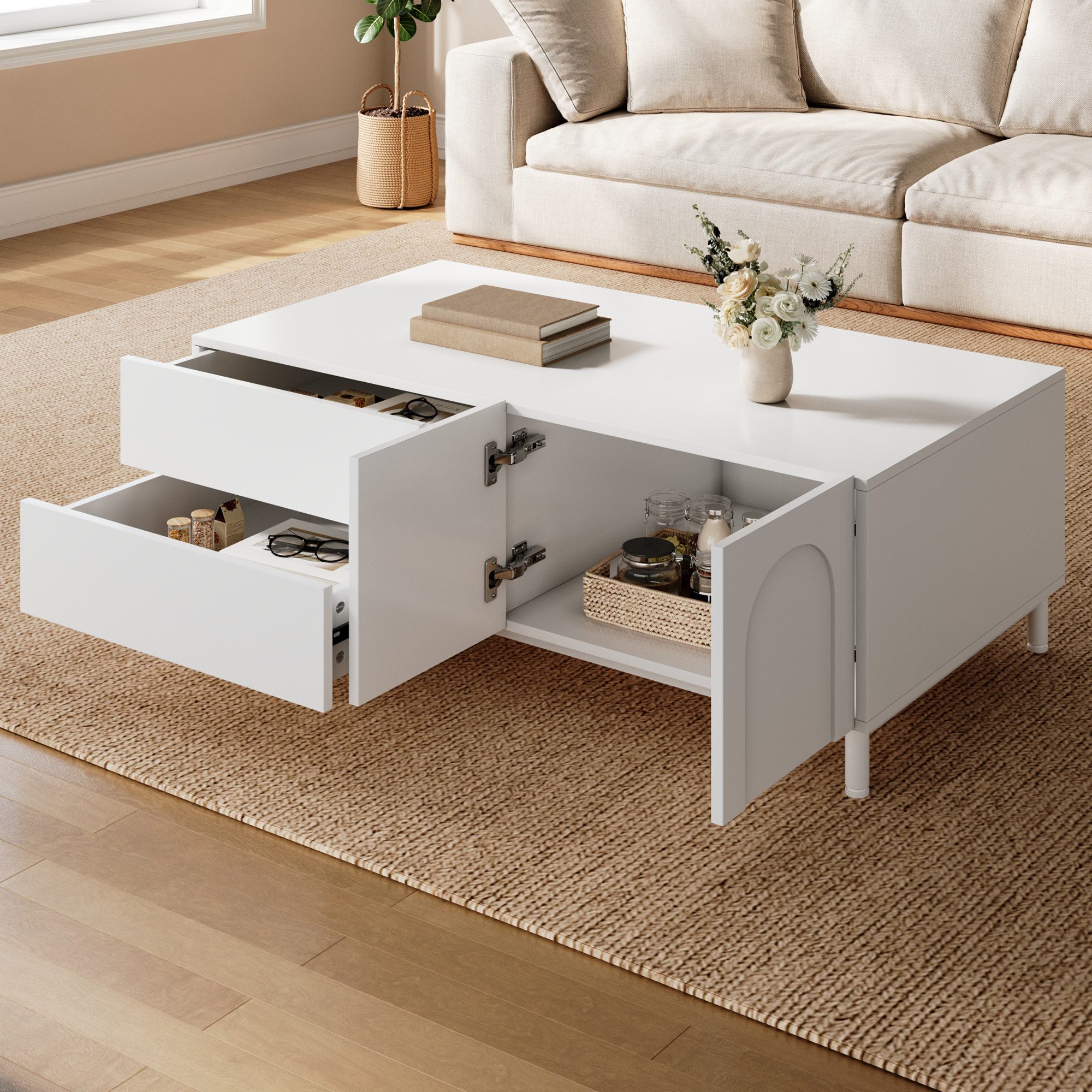 Merax Couchtisch mit 2 Schubladen, 2 Türen & Stahlrohr-Füßen (Beistelltisch Aufbewahrungstisch, 1-St., 100 L x 50 B x 39,5 H cm), Wohnzimmertisch mit Bogen-Design, Sofatisch mit Stauraum