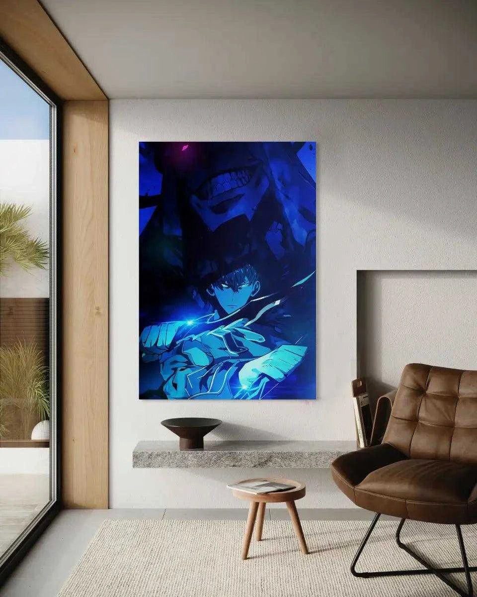 SimpleCanvas Wandbild Sung Jinwoo Blue - Solo Leveling - Anime Leinwandbild, Wandbild Solo Leveling, Sung Jinwoo, Kampf