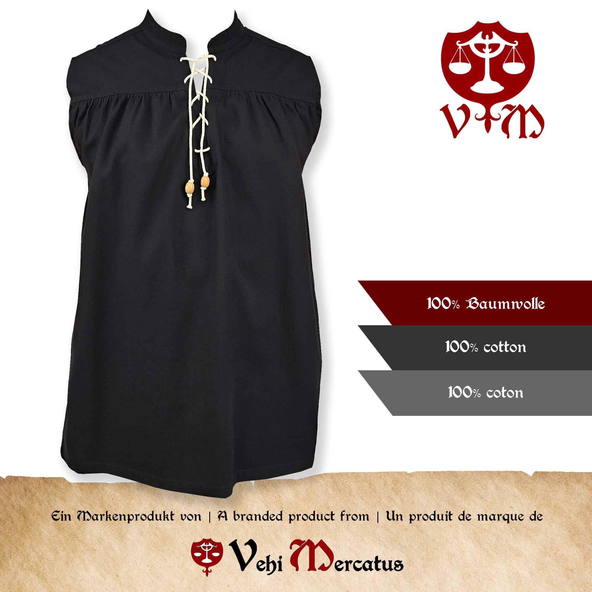 Vehi Mercatus Wikinger-Kostüm Klassisches Mittelalter Hemd ärmellos, Schwarz "Eike"