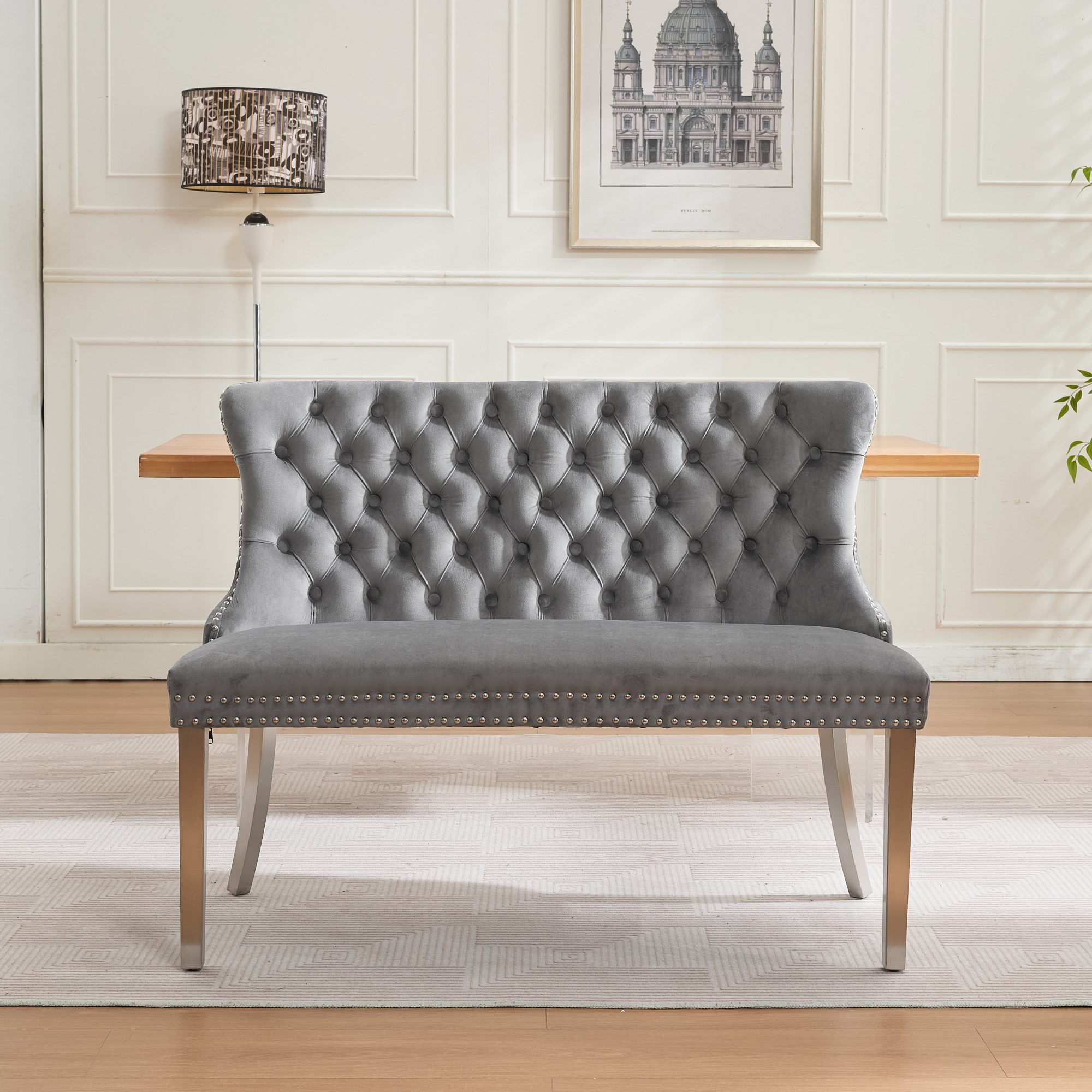 Luckice Velvet Double Dining Loveseat Bench, Kitchen & Dining Seating (2-Seat Tufted Bench w/Handmade Buttons, Wing Back, Brushed Silver Stainless Steel Legs, Mid Century Modern, Single Pack)