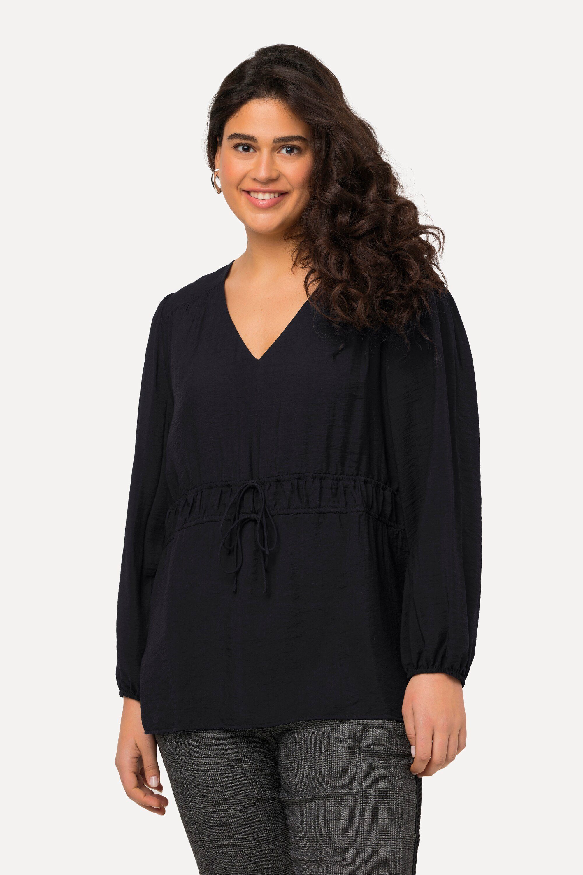 Ulla Popken Druckbluse Bluse Struktur Tunnelzug V-Ausschnitt Langarm