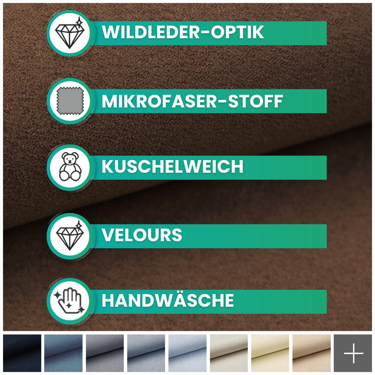 novely® Stoff ALPEN Polsterstoff im Wildleder-Look - Velours-Microfaser-Möbelstoff, Robust, Wasserfest, Samtweich, Meterware, 1lfm