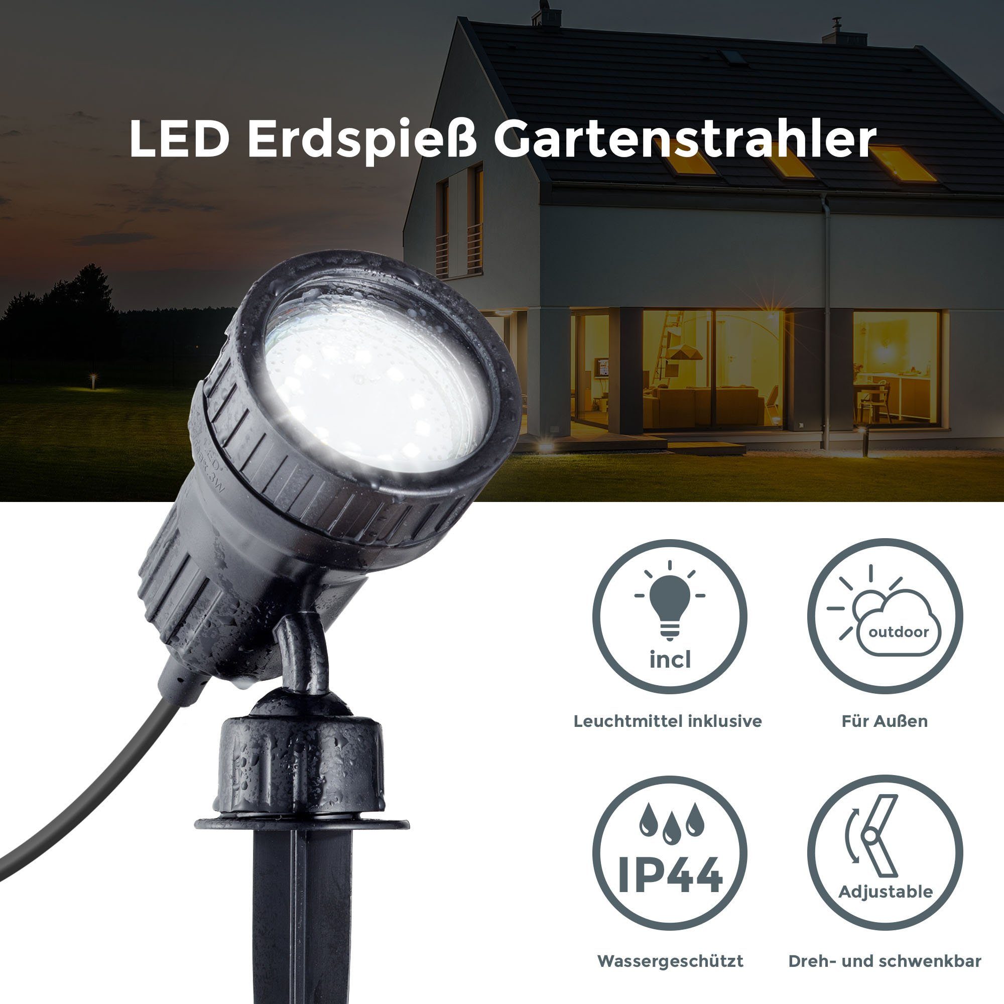 B.K.Licht Farbfilter Warmweißes LED Gartenstrahler 260 IP44, BK_GS1000 GU10, mit Schwenkbar, wechselbar, Warmweiß, inkl. 2,9W LED-Außenleuchten, Schwarz, Lm, 3.000K Licht, Wegbeleuchtung,