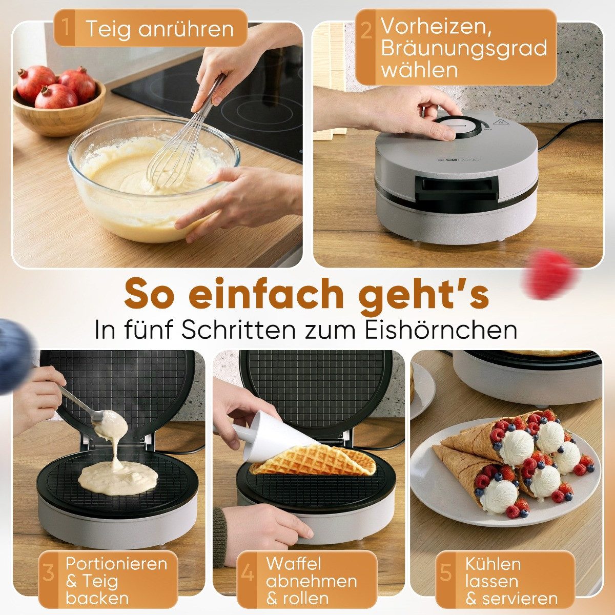 CLATRONIC Waffeleisen HA 3833, Hörncheneisen, Antihaft, inkl. Kegel