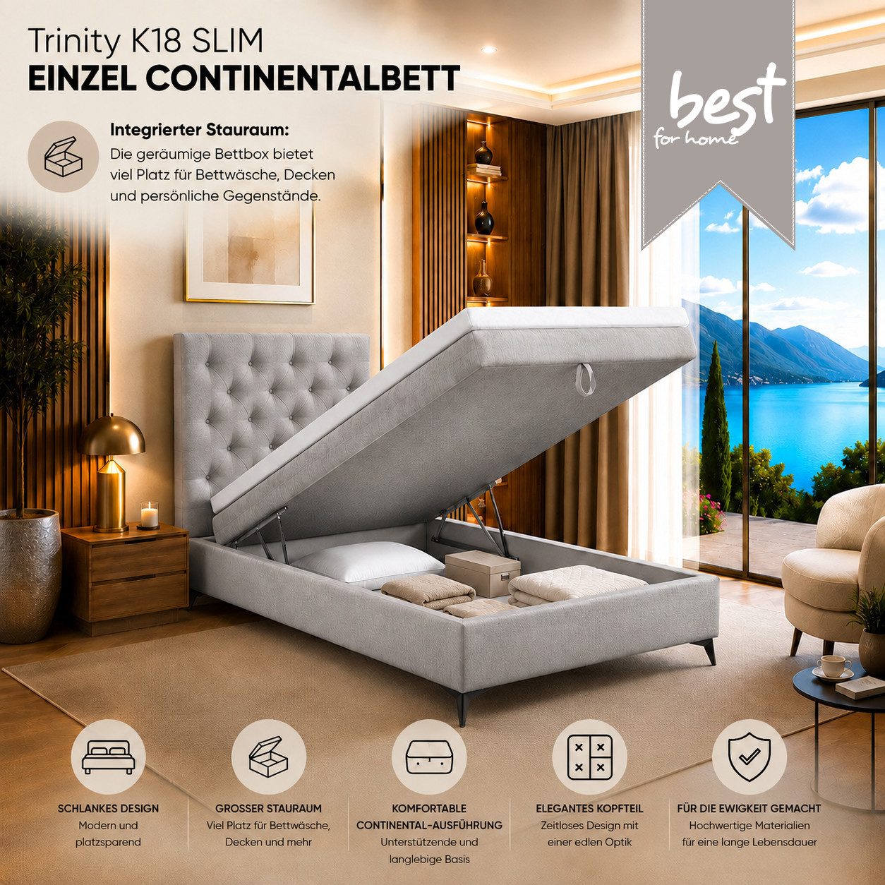 Best for Home Boxspringbett Bett K18 Single SLIM mit Bettkasten und Bonellfederkernmatratze (Einzelbett / Boxspringbett, 1-St., Boxspringbett-Set inklusive Matr – Bild 2 von 5