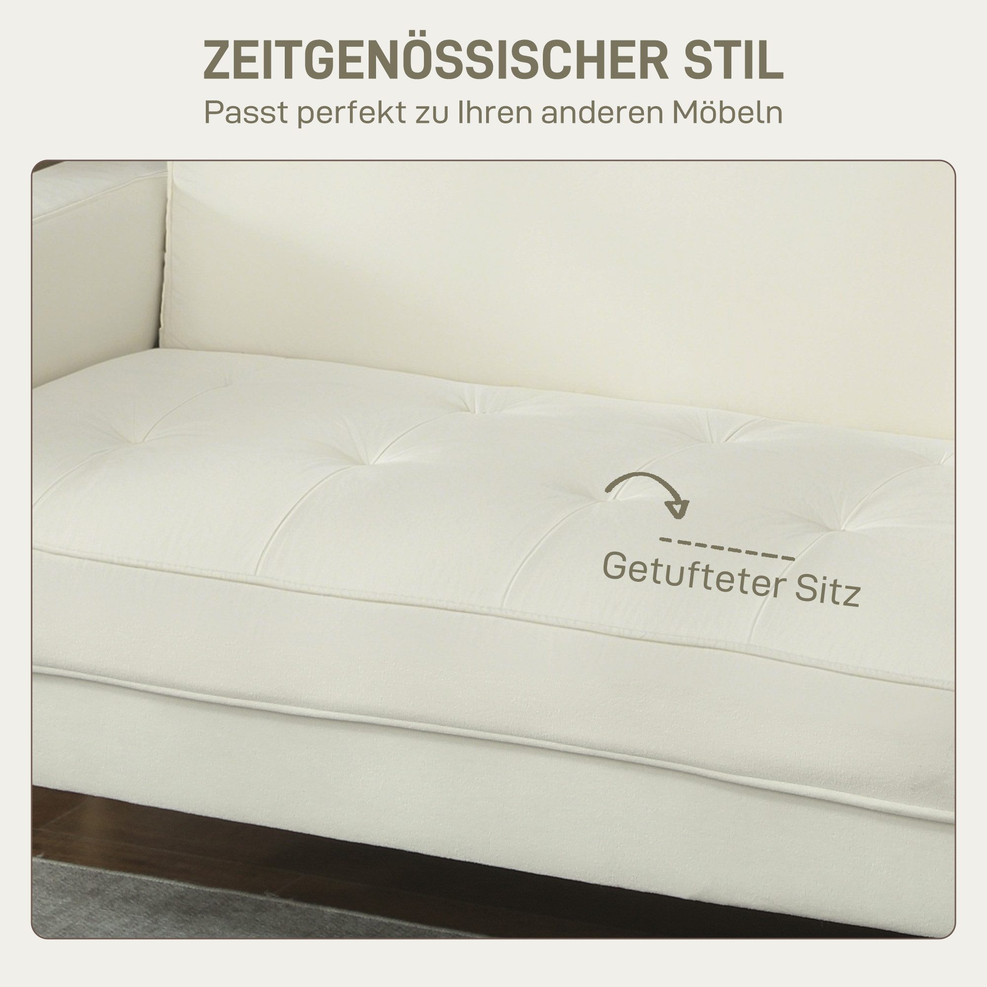 HOMCOM 2-Sitzer Sofa 130 cm Kleine Couch Polstersofa mit Armlehne, Samtoptik, Loungesofa 1 Teile, für Wohnzimmer, Schlafzimmer, Kleinen Raum, Cremeweiß – Bild 5 von 5