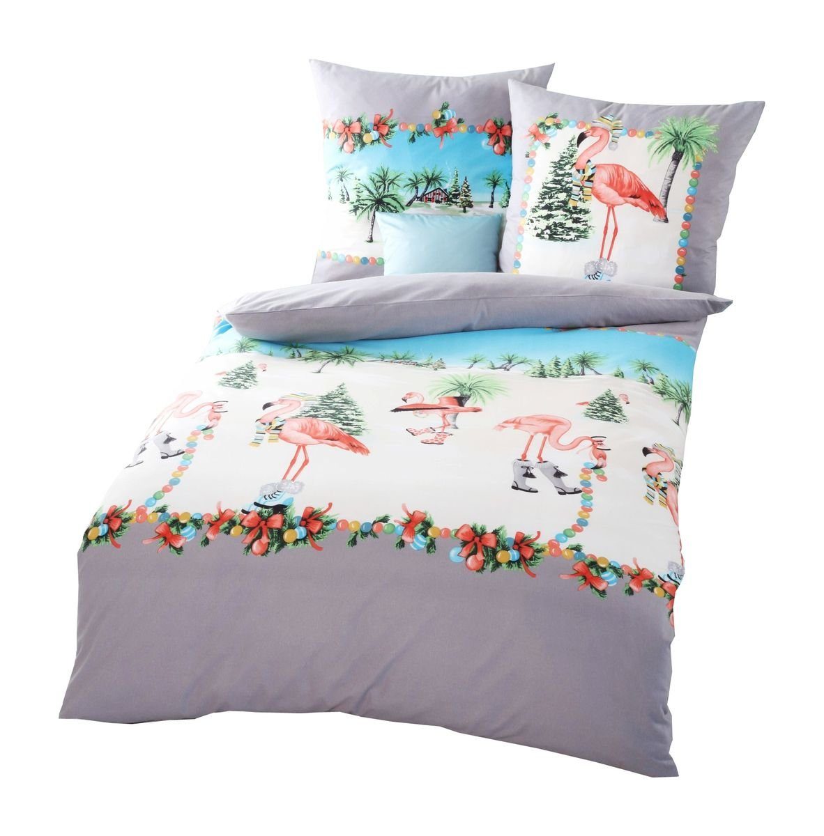 Kaeppel Bettwäsche Kaeppel Fein Biber Bettwäsche 2 tlg. Tropical Winter Flamingos Rosa, Microfaser, 2 teilig, Flamingos am weihnachtlichem Strand, Palmen, Baumwolle