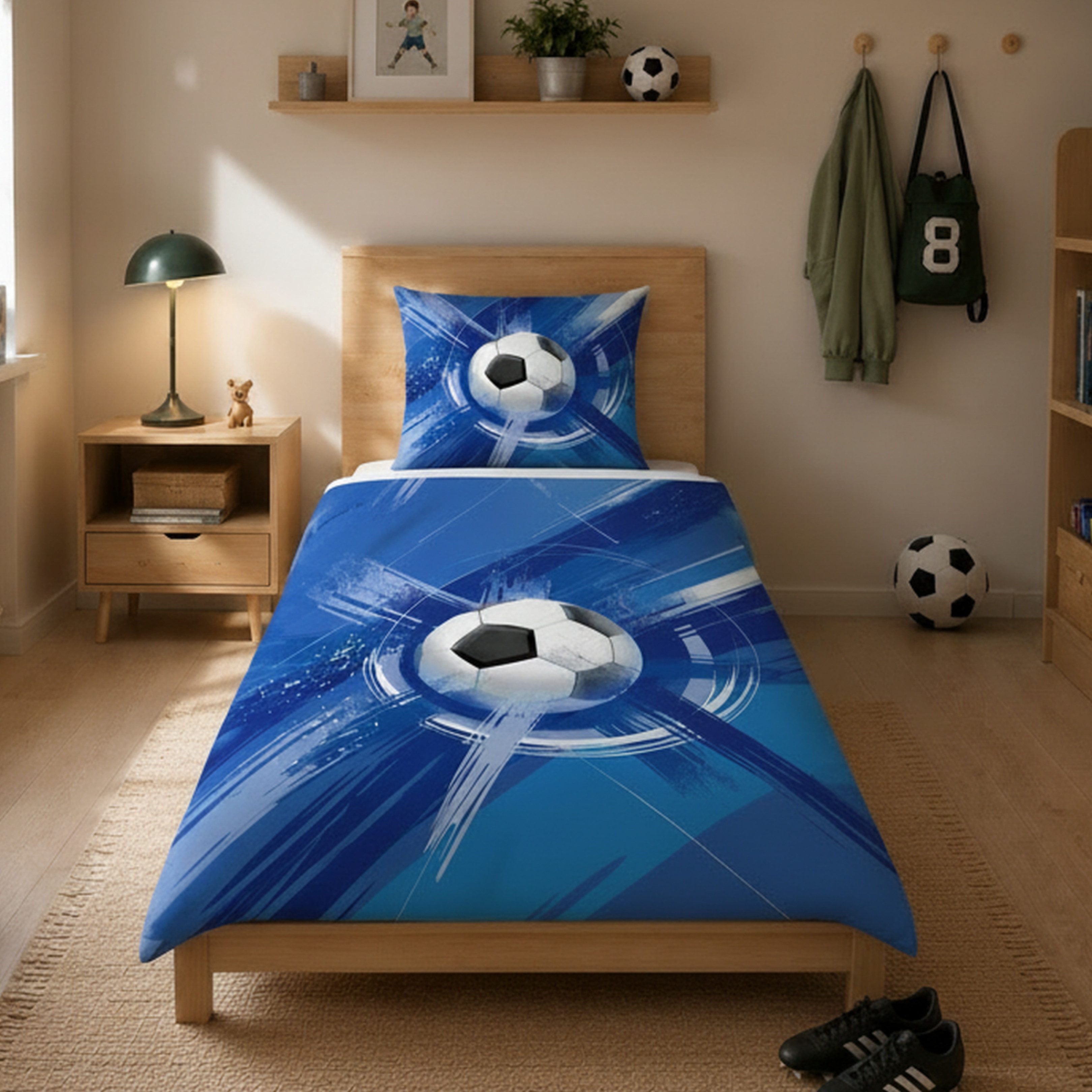 MTOnlinehandel Bettwäsche Fußball in 135x200 + 80x80 cm • Geschenkidee für Kinder, Mikrofaser, 2 teilig, Wende-Motiv Fußball
