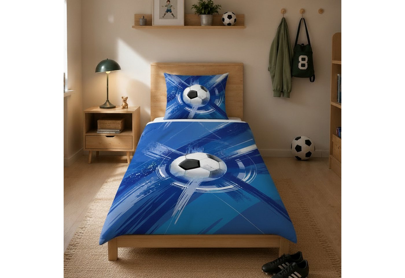MTOnlinehandel Bettwäsche Fußball in 135x200 + 80x80 cm • Geschenkidee für Kinder, Mikrofaser, 2 teilig, Wende-Motiv Fußball