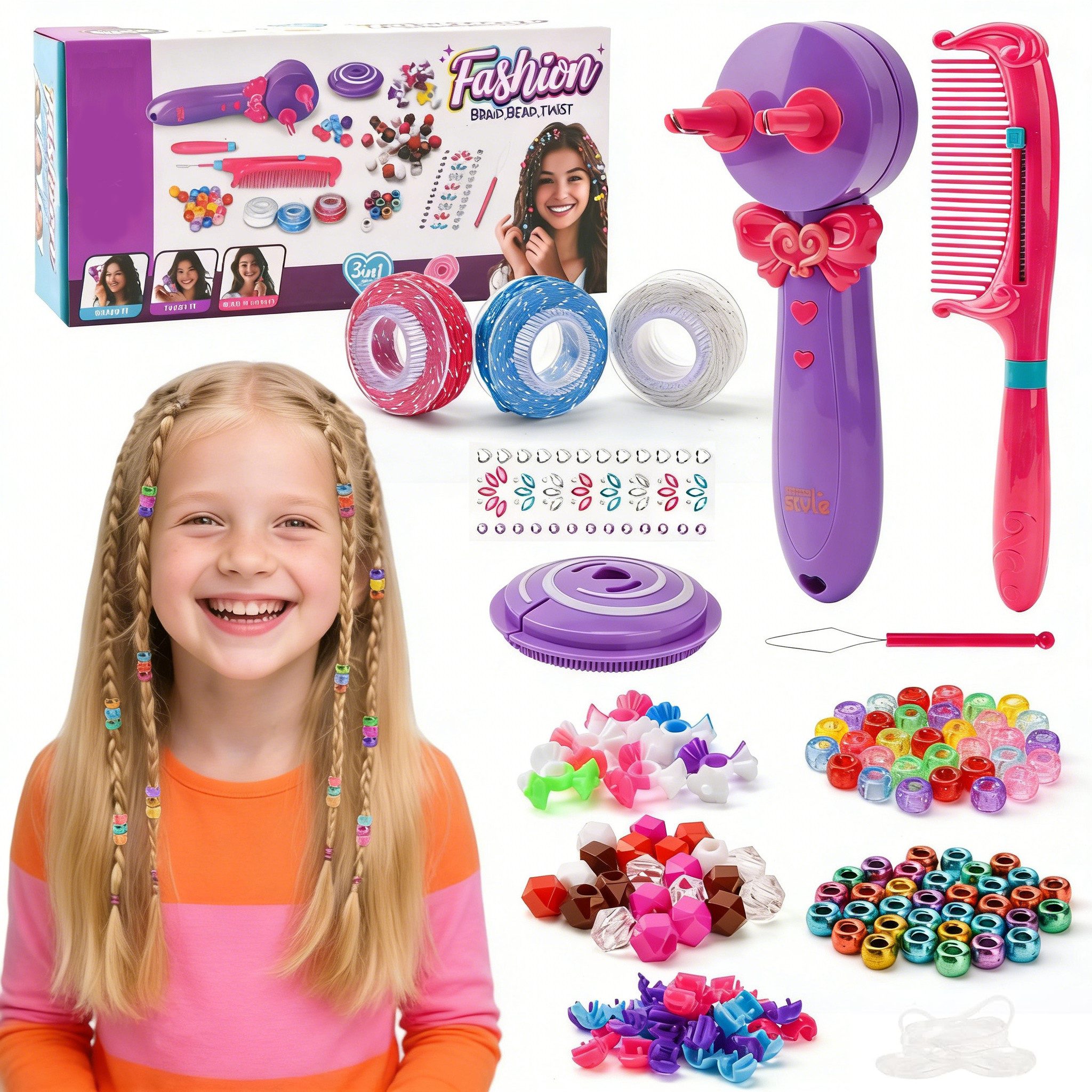 Minicloss Spielzeug-Frisierkoffer Frisuren-Spielzeug-Set, Kreatives Frisuren-Design-Set, 3-in-1 Automatischer Zopfmacher, Kreative Kinderhaarschmuck