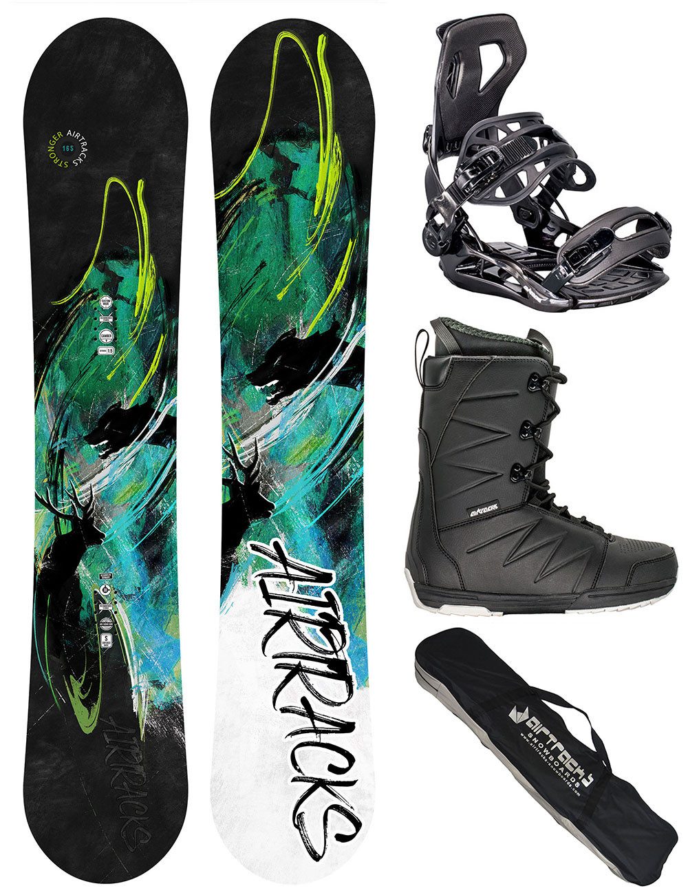 Airtracks Snowboard Set Stronger Zero Flat Rocker Wide »Mod. 26/27 (Snowboardset Stronger Rocker+Bindung Master+Boots+Bag, 4 St., 4er Pack), Board + Bindung Master + Boots + SB Bag / 156 159 163 165 cm