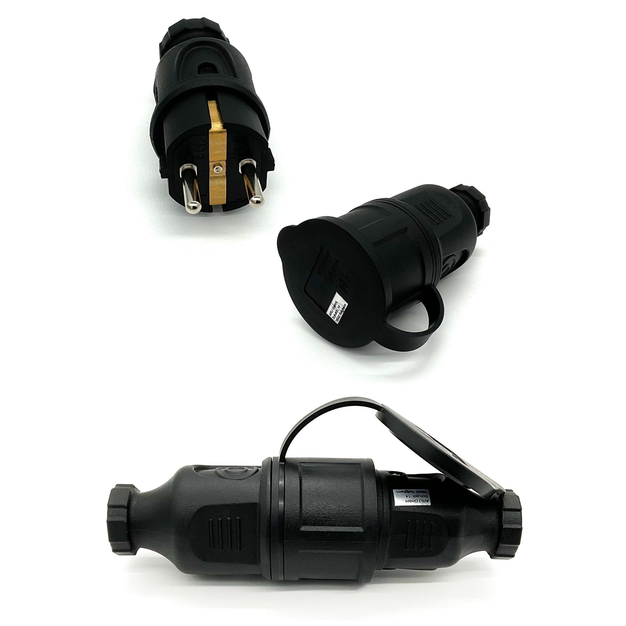 ARLI 2x Schutzkontaktstecker + 2x Schutzkontaktkupplung Schuko Stromadapter Stecker zu Kabel, IP44 Schutzkontakt Stecker Kupplung Buchse Stromkabel Verlängerung