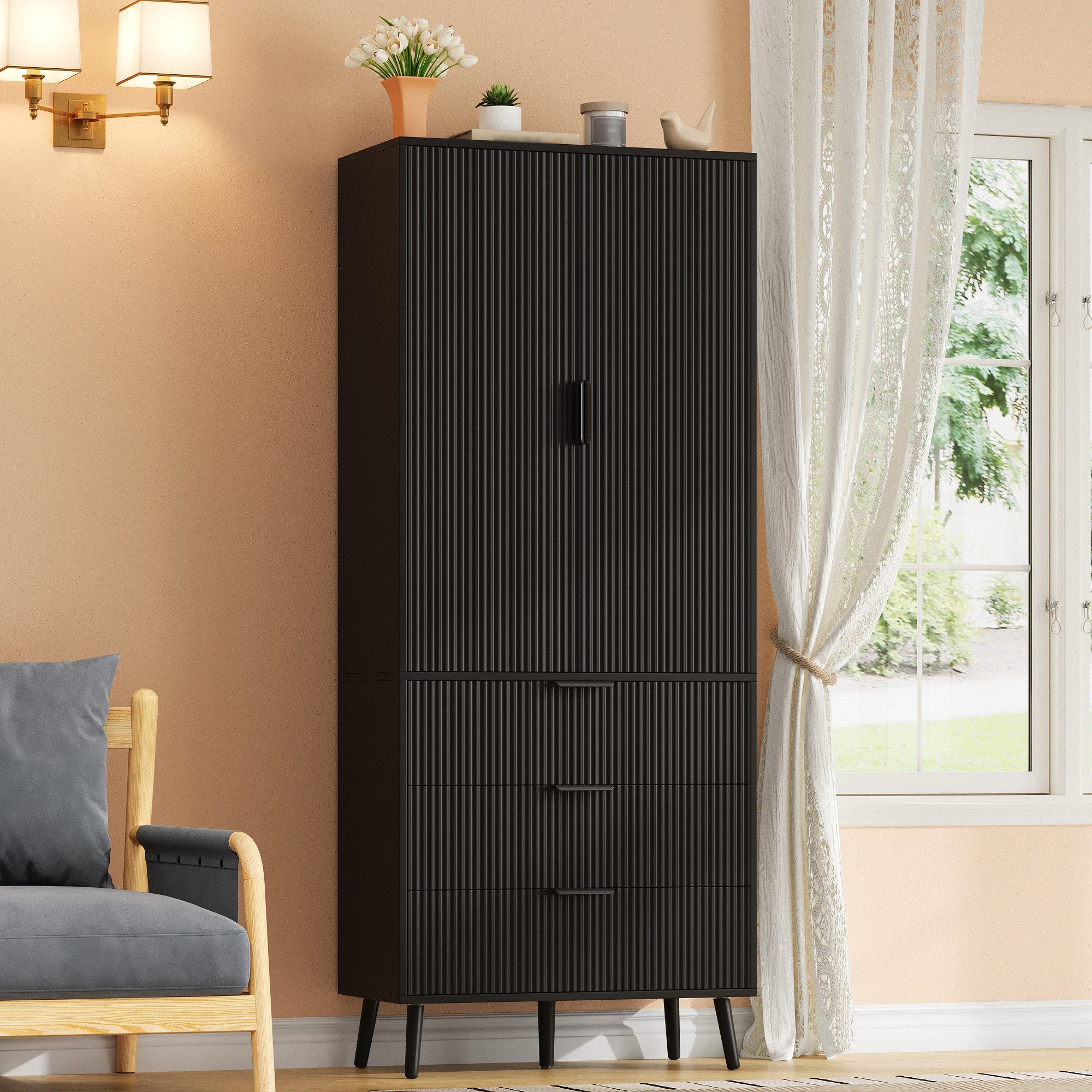 Flieks Hochschrank Vorratsschrank mit 3 Schubladen, Türablagen, verstellbar Einlegeböden (Massivholzbeine, 75x35x180 cm, 1-St., für Küche, Wohnzimmer, Esszimmer, Schlafzimmer, Badezimmer) Küchenschrank Mehrzweckschrank Liniendesign Highboard Schwarz