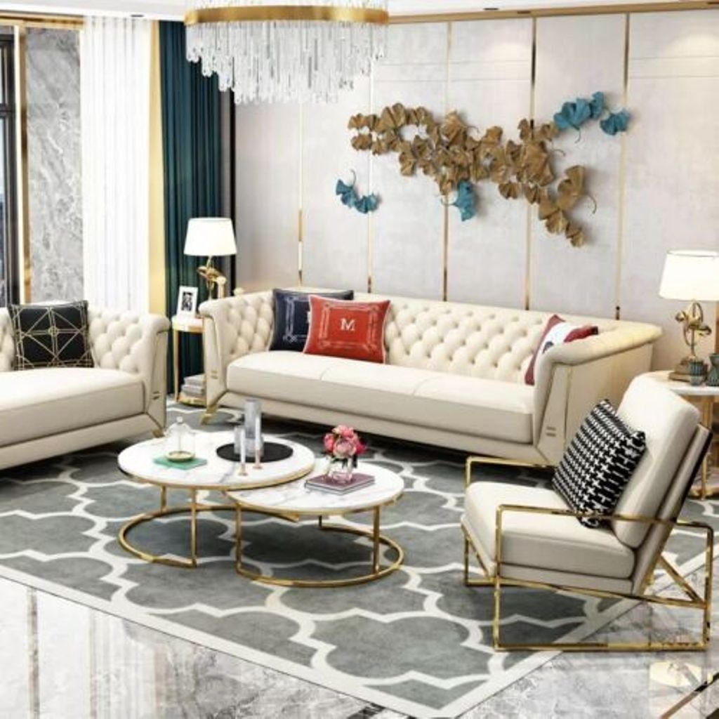 Sitz Wohnzimmer-Set, Weiß Sitzer Couch JVmoebel Polster Chesterfield Garnitur 3+2 Sofa Design