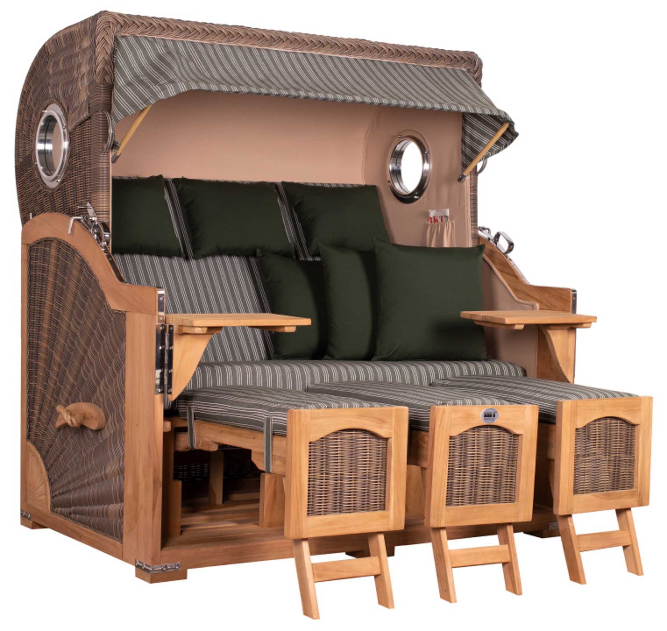 MR.DEKO Strandkorb XXL Düne Grande Familien-Korb Teak PE Grey mit Bullaugen, 3-Sitzer, BxTxH: 170x95x170 cm, Volllieger, Düne, (Fertig montierter Strandkorb für Garten, Terrasse & Balkon), Wetterfester Volllieger mit Edelstahlbeschlägen & waschbaren Polstern