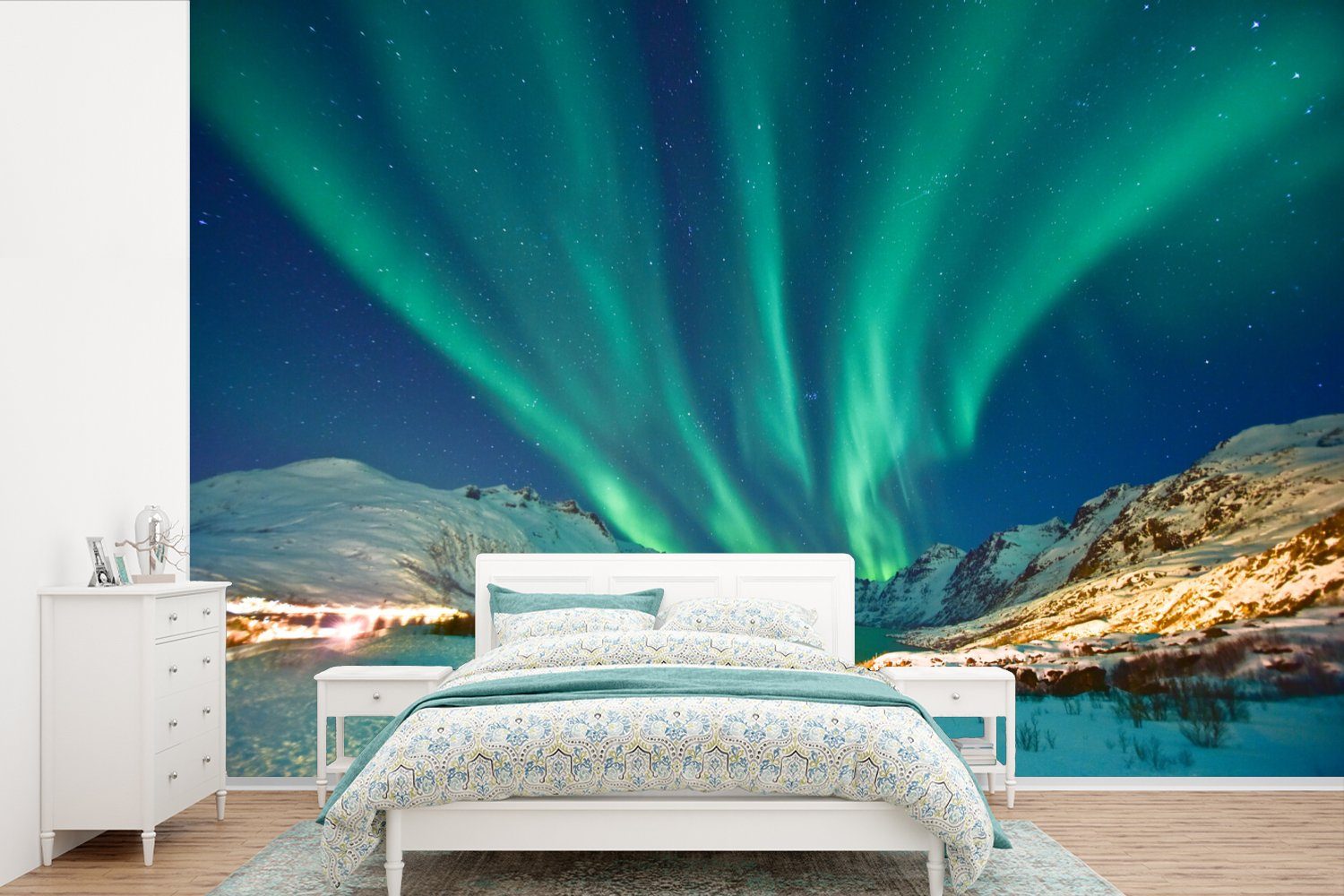 MuchoWow Fototapete Nordlichter - Norwegen - Winter, Matt, bedruckt, (6 St), Wallpaper für Wohnzimmer, Schlafzimmer, Kinderzimmer, Vinyl Tapete