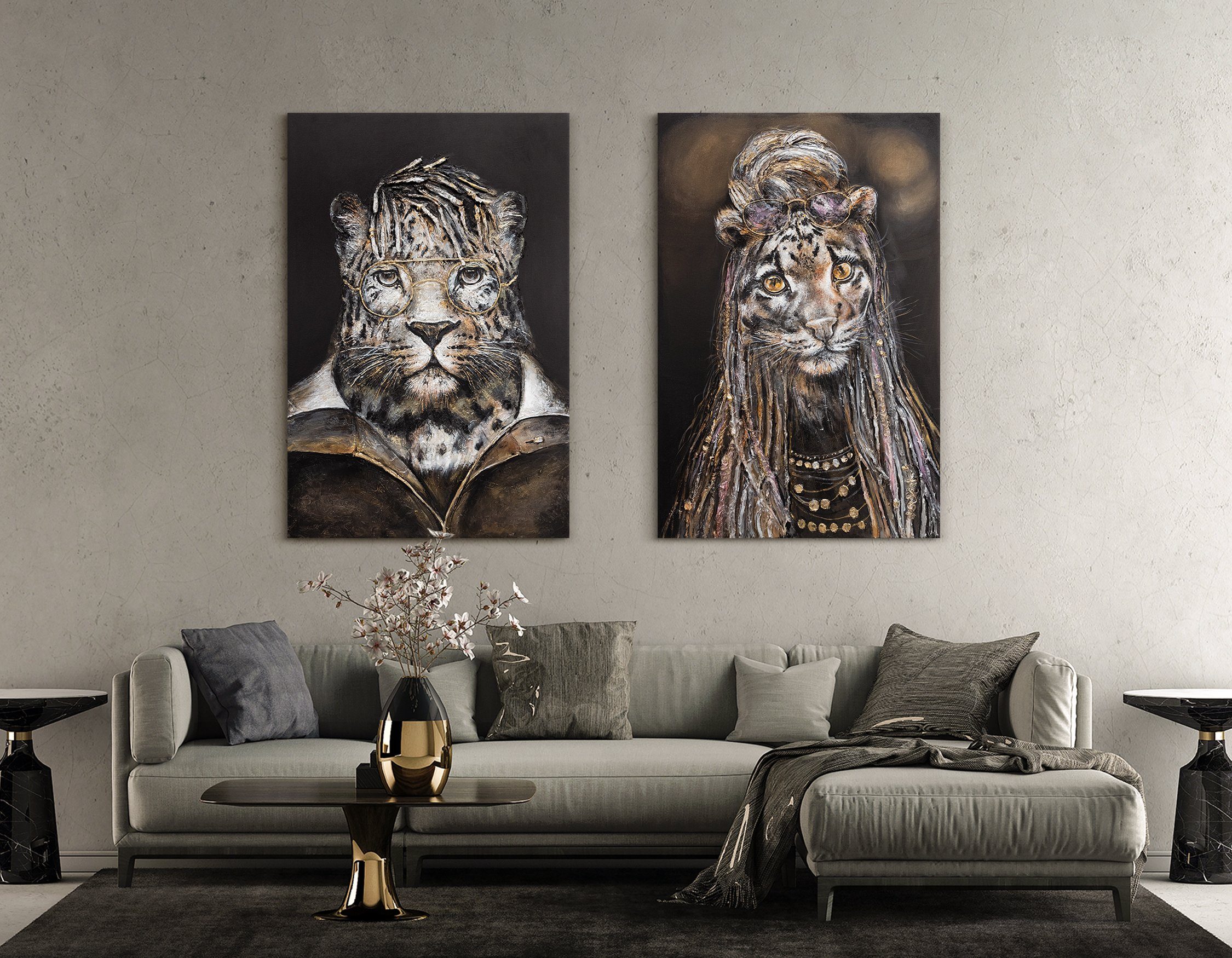 YS-Art Gemälde Temperament, Tiere, Leinwand Bild Leopard mit Brille Handgemalt Anzug mit Tier