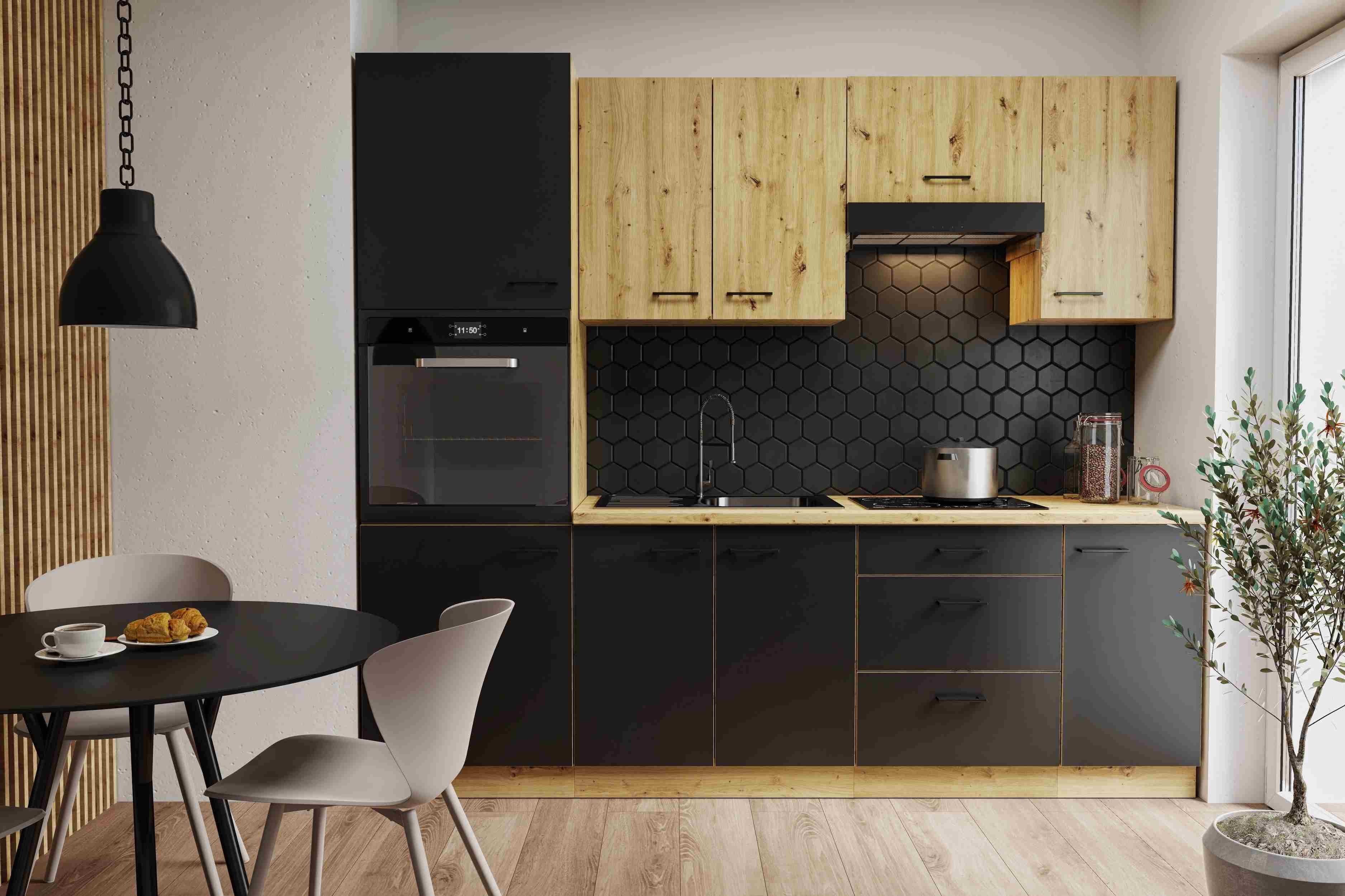 Furnix Küchenzeile Napolla 180 cm breit Küche mit Hängeschränken Trüffel-Grau, 180x85,8x60 cm, 4 Ober- und 3 Unterschränke, Arbeitsplatte