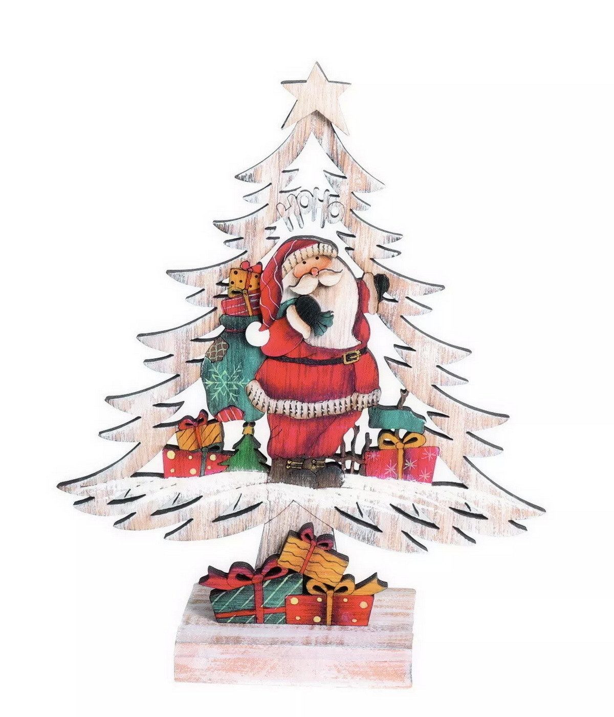 Kaufhaus le petit Weihnachtsfigur Deko Tanne Tannenbaum mit Weihnachtsmann Holz Fensterbild Baum Stern, Weihnachtsbaum Dekofigur Dekoskulptur Dekoobjekt