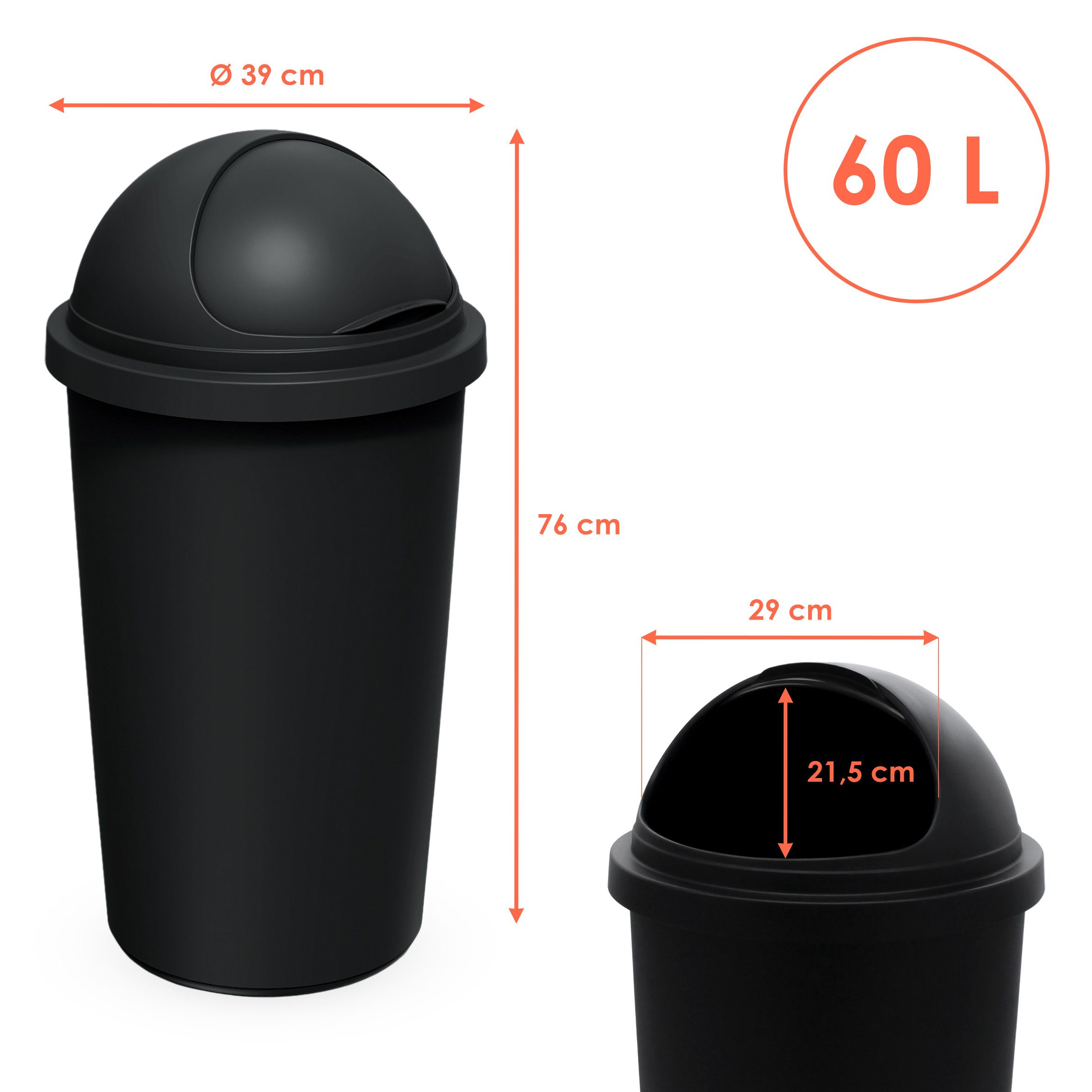 Spetebo Mülleimer aus Kunststoff in schwarz mit Kuppeldeckel und Schiebeöffnung, zu 100% wieder recycelbar