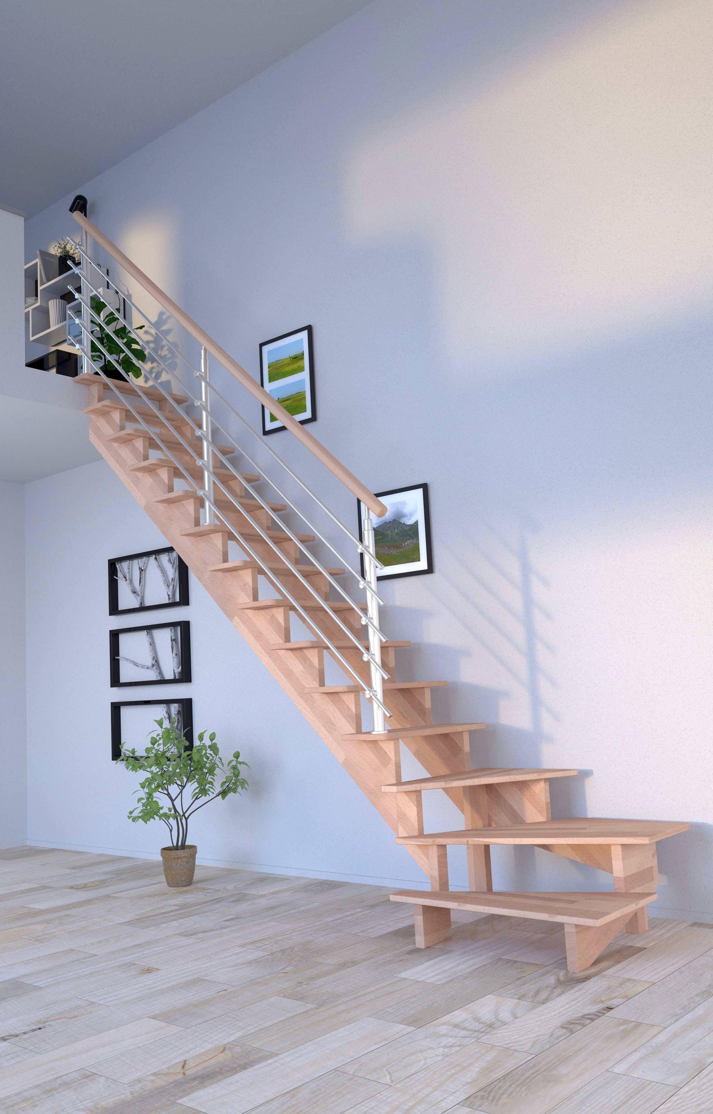 Systemtreppe Geschosshöhen Stufen für offen, Starwood Wangenteile Massivholz gewendelt 300 Durchgehende Lindos, cm, Design-Geländer Links, Edelstahl, bis