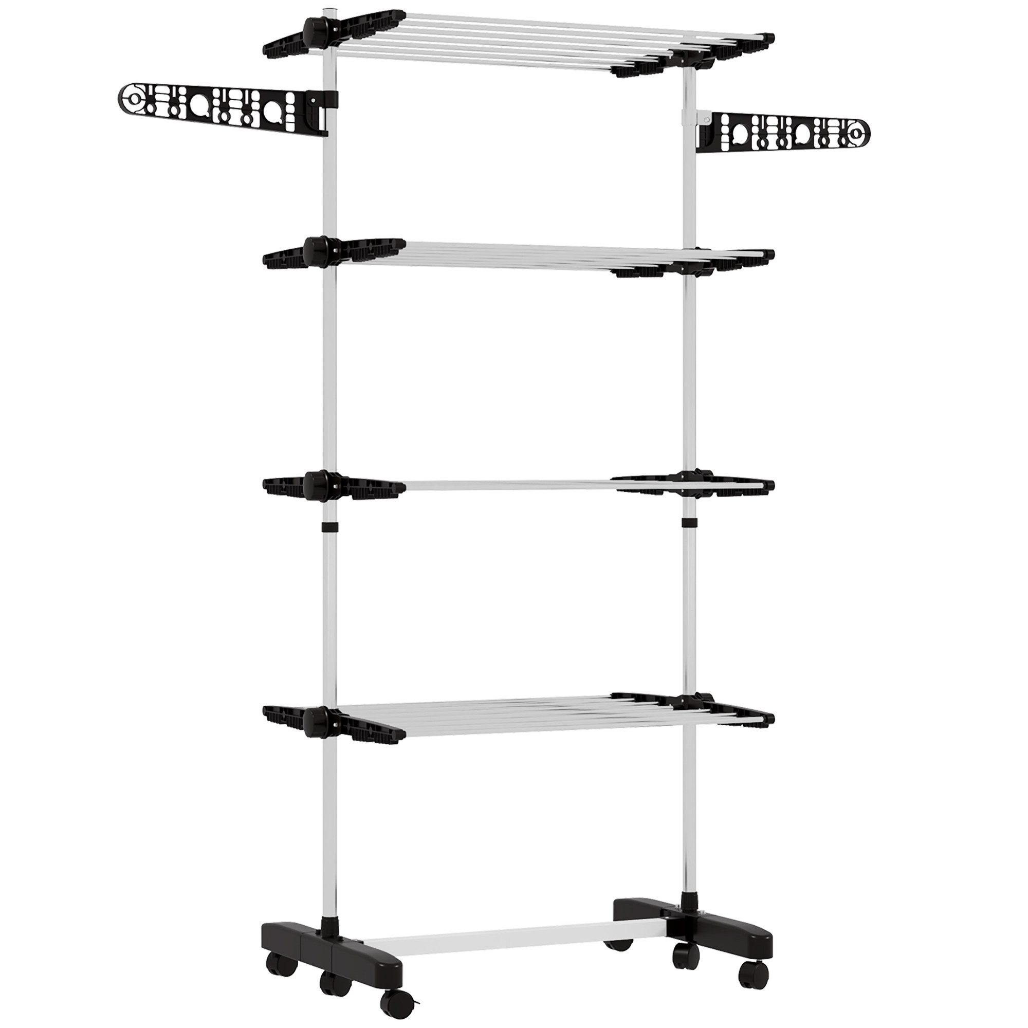 HOMCOM Wäscheständer Turm Standtrockner mit 4 Ebenen, klappbare Flügel, Rollen, für Indoor, Outdoor, Stahl Schwarz 80,142 x 55 x 172 cm – Bild 2 von 5