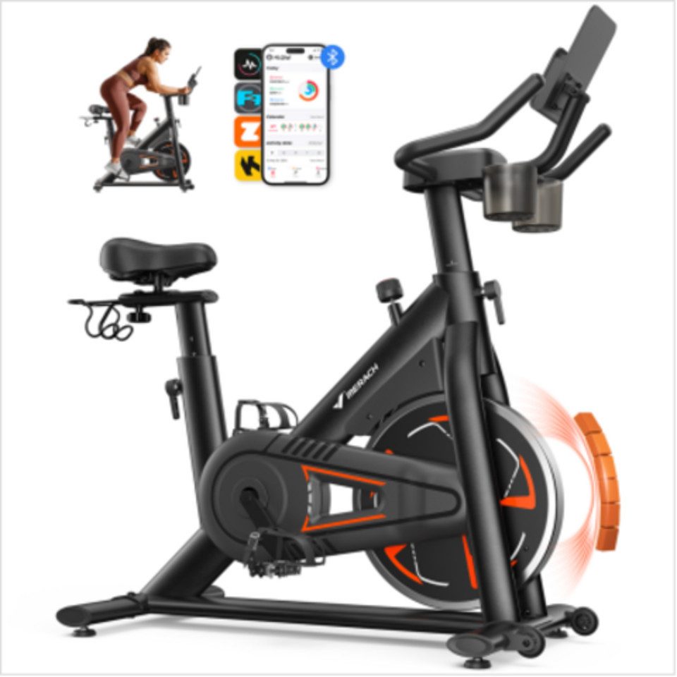 MERACH Heimtrainer mit 8kg High-Inertia Schwungrad & leiser Magnetbrems (Fahrradtrainer mit verstärktem H-Rahmen, eigene App-Anbindung, mit stoßdämpfendem Luftkissen-Sattel, für optimierte Laufruhe), stabil und belastbar bis 150kg, leise und komfortabel für Zuhause