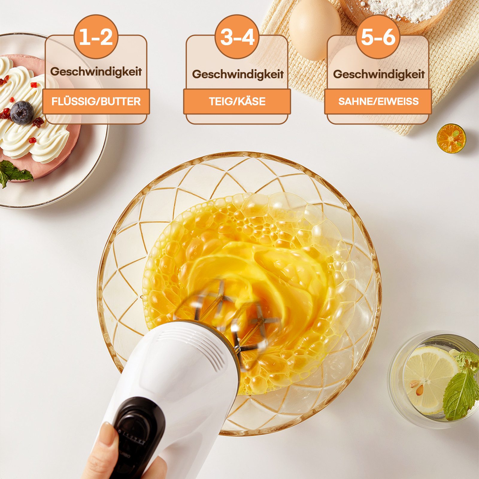 FOHERE Handmixer 6 Geschwindigkeiten plus Turbo, 6 Zubehörteile Edelstahl, 400 W, Aufbewahrungsbox, vertikales Design