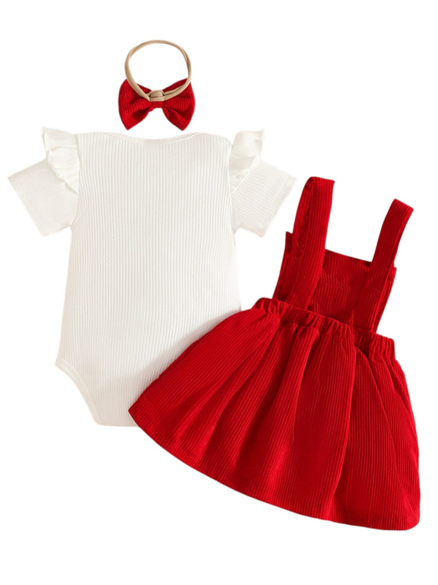 Gluckids 2-in-1-Kleid Sommeroutfit für Babymädchen, Bodysuit, Cord-Latzkleid, Stirnband (Set, 3-tlg) Ein süßes Outfit, für Partys, Hochzeiten, Fotoshootings, als Geschenk