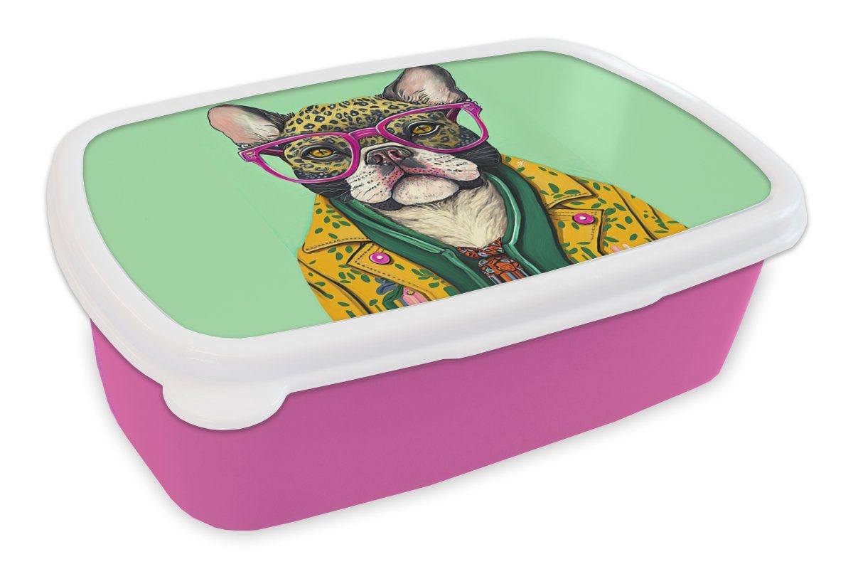 MuchoWow Lunchbox Hund - Hippie - Tiere - Brille, Kunststoff, (2-tlg), Brotbox für Erwachsene, Brotdose Kinder, Snackbox, Mädchen, Kunststoff rosa