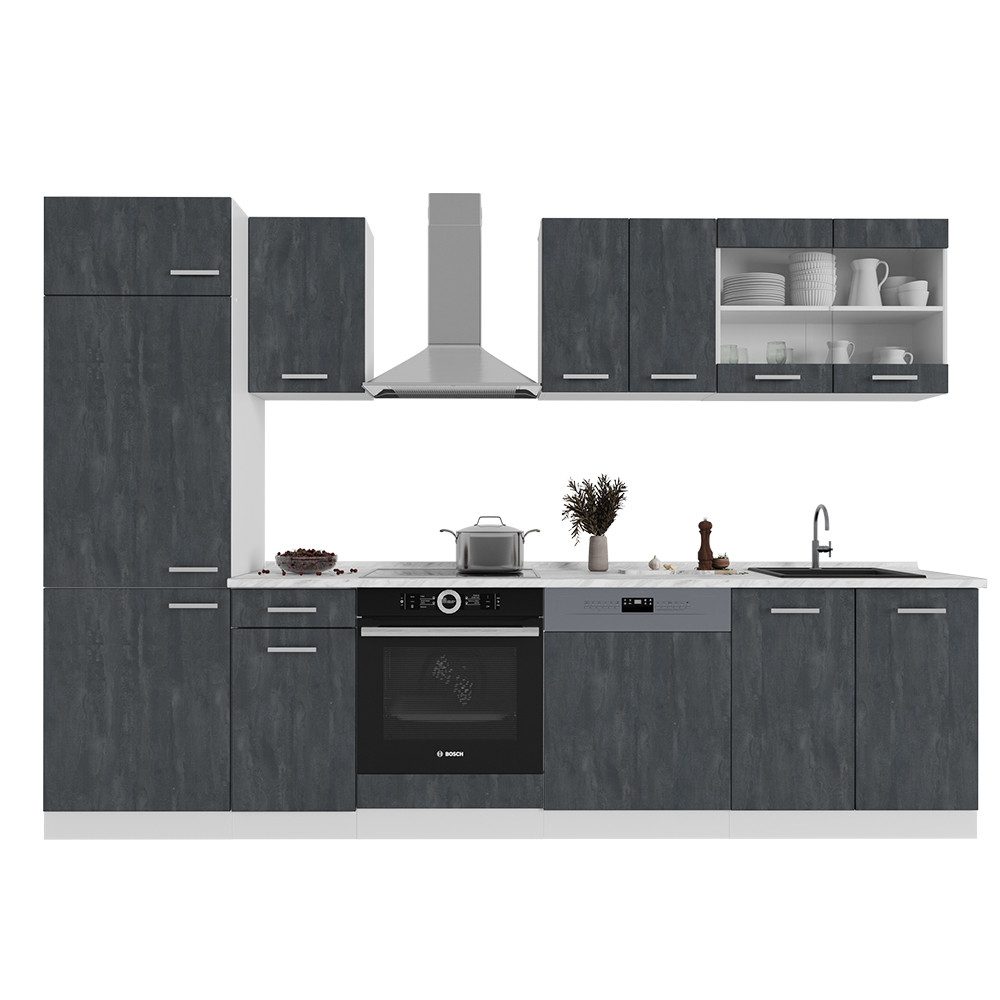 Vicco Küchenzeile R-Line, Schwarz Beton/Weiß, 300 cm AP Marmor
