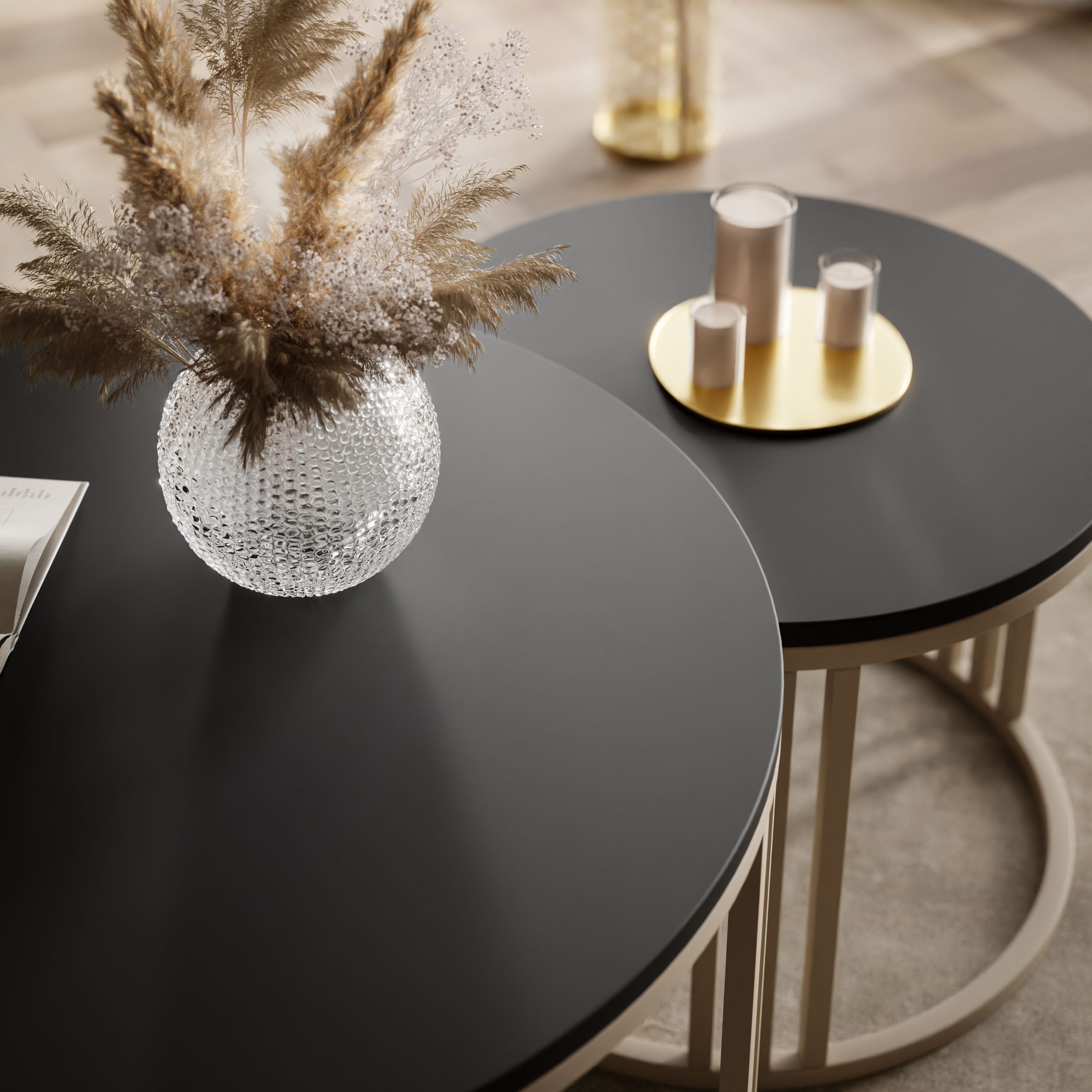 Lookway Couchtisch LORI 2in1 MATT, runder Couchtisch mit kaschmirfarbenem Gestell (2er Set), Durchmesser: ⌀70 cm und ⌀50 cm