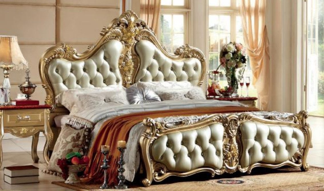 JVmoebel Bettgestell Doppelbett Komfort aus massivem Kunstleder in edlem Gold Sofort (1-tlg)