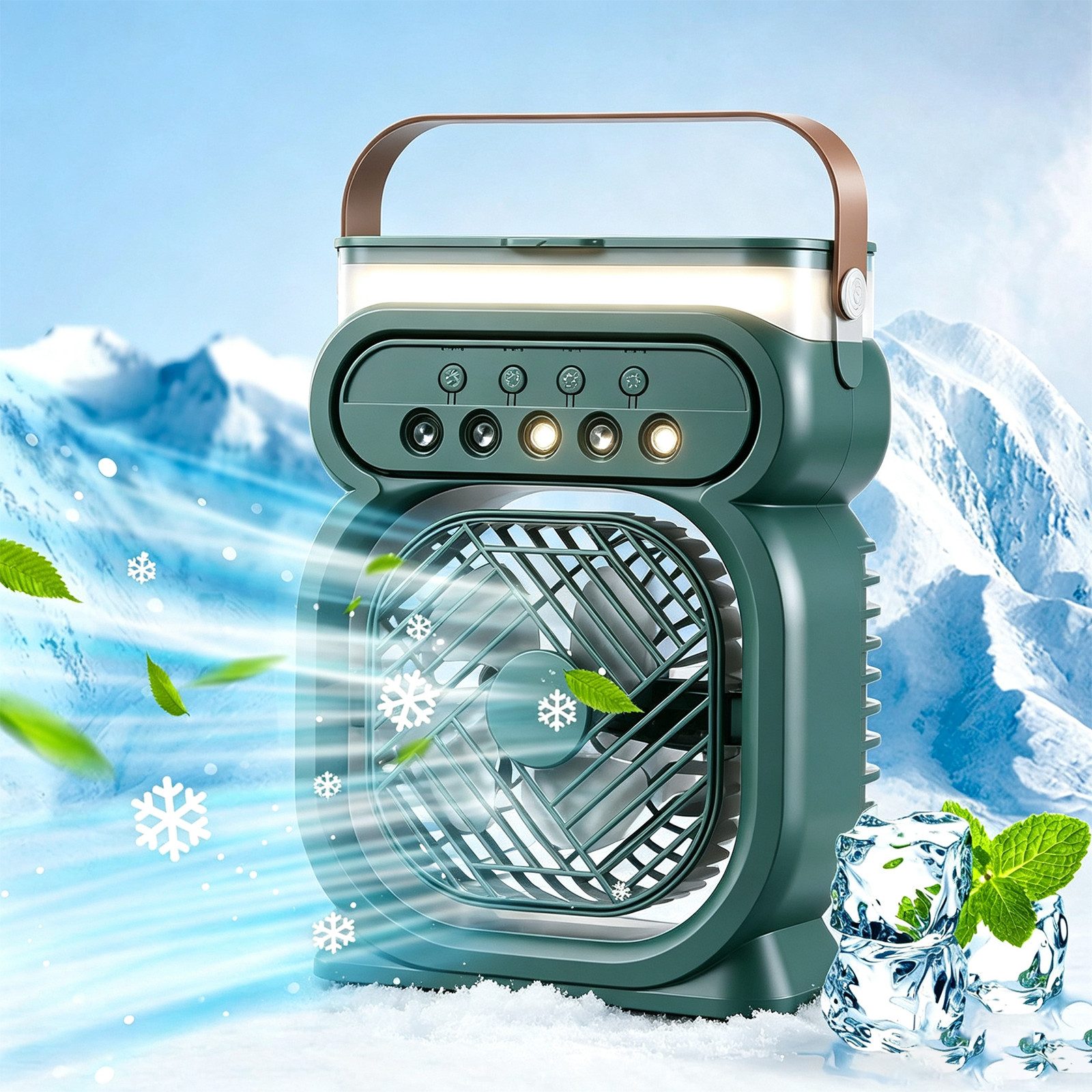 MOPUEA Ventilatorkombigerät 4-in-1 Mobiler Luftkühler mit Sprühnebel 3 Stufen & 7 Farben Licht, 5-fach-Sprühnebel, 3 Windstufen, Timer und leiser Betrieb unter 35 dB.