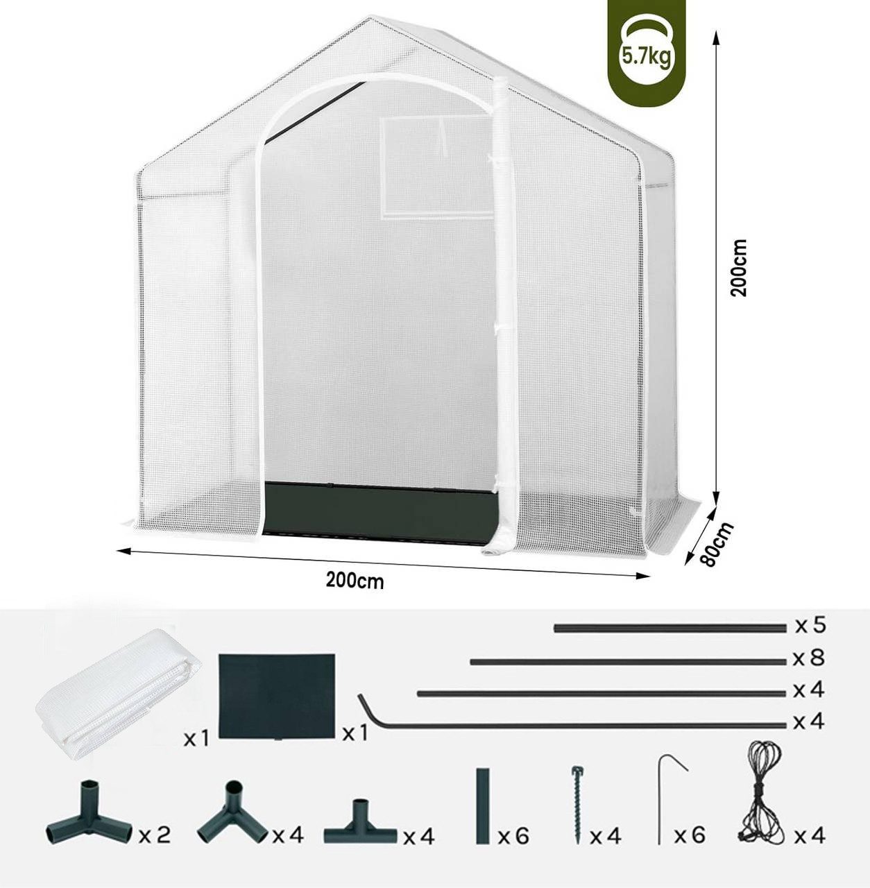 Woltu Foliengewächshaus, BxTxH: 200 x 80 x 200,00 cm, 200x80x200cm, mit Tür Fenstern, aus Stahlrohr PE, Weiß