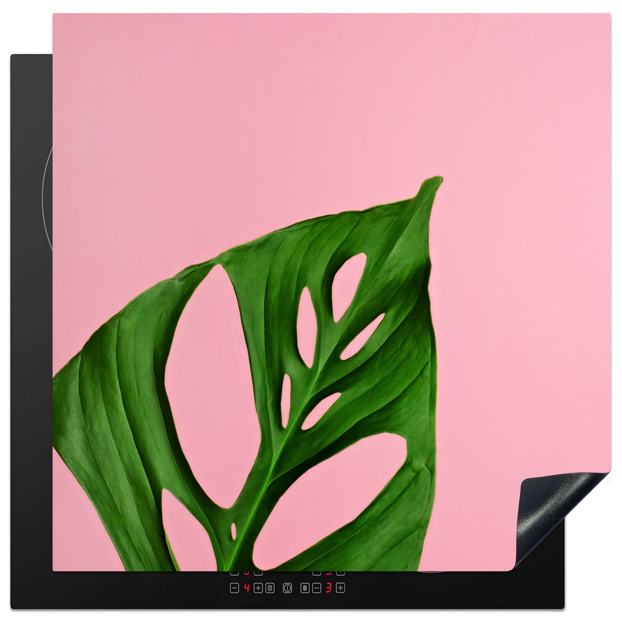 MuchoWow Herdblende-/Abdeckplatte Botanisches Blatt auf Arbeitsplatte tlg), rosa für Hintergrund, (1 cm, küche Vinyl, Ceranfeldabdeckung, 78x78