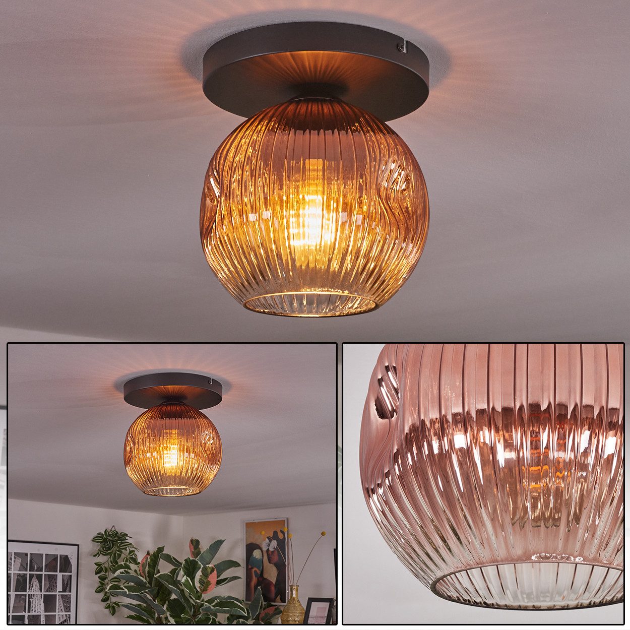 Deckenleuchte Deckenlampe aus Metall/Riffelglas in Schwarz/Kupferfarben/Klar