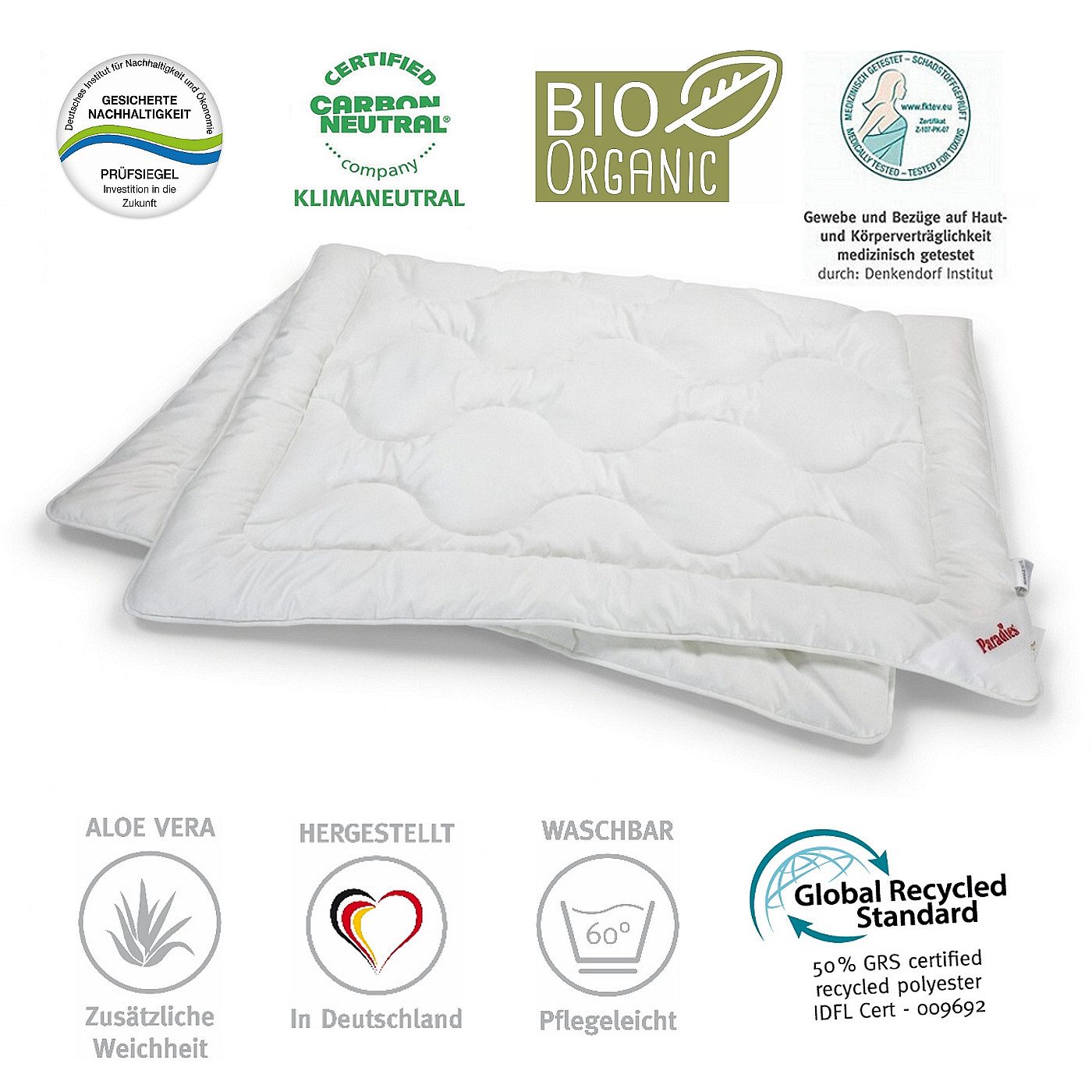 Paradies Kunstfaserbettdecke Paradies Royal Satin Bio 4 Jahreszeiten Bettdecke medium warm 135x200, Füllung: Paradies Fill Fasertechnologie für dauerhaft bauschiges Volumen, davon 50% recycelt, Bezug: 100% Bio Baumwolle, veredelt mit Aloe Vera, Klimaneutrale Herstellung