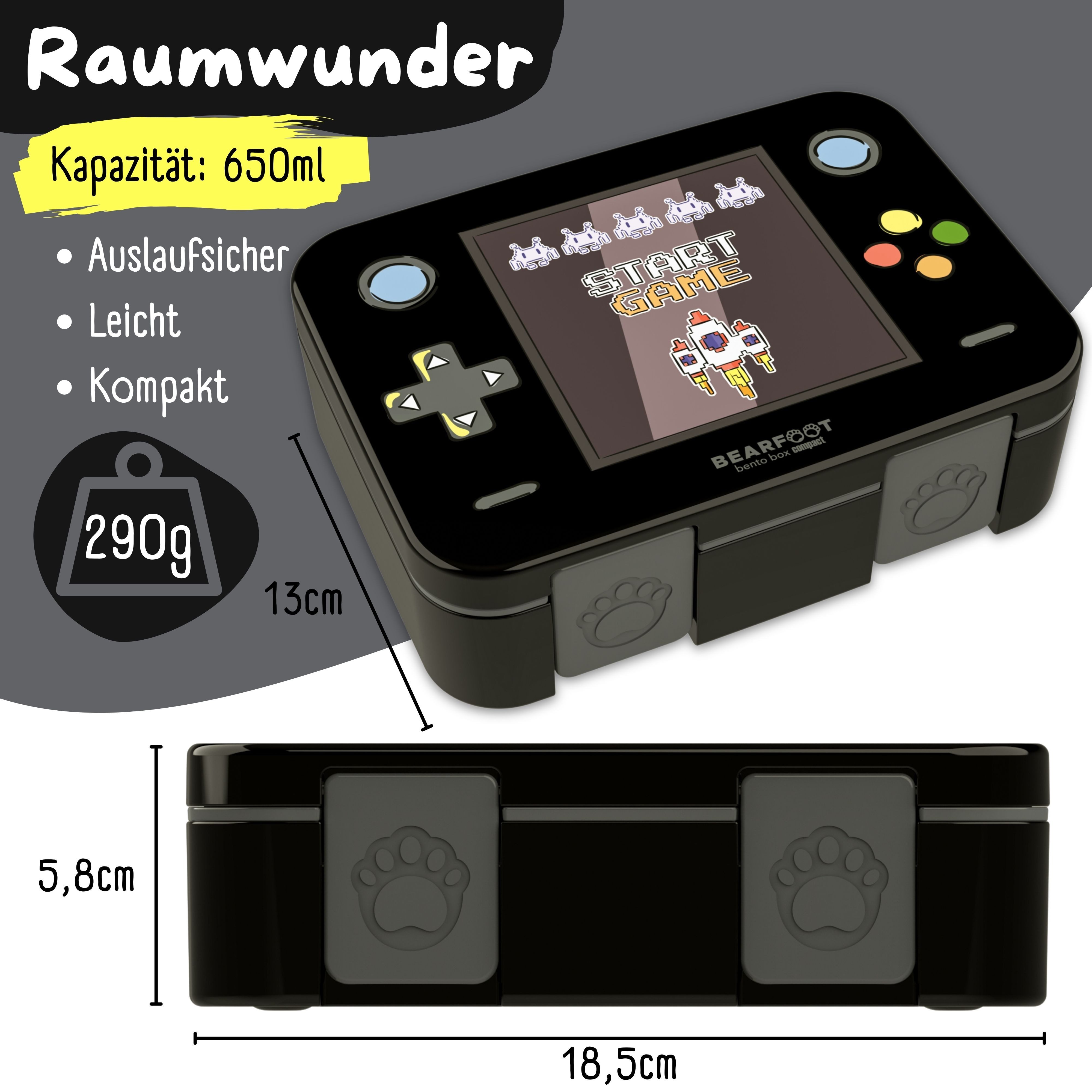 BEARFOOT Lunchbox Brotdose mit Fächern, leicht & auslaufsicher - Game schwarz, PP, ABS, Silikon, Kindergarten und Schule - Mädchen und Jungen, Vesperbox, Snackbox