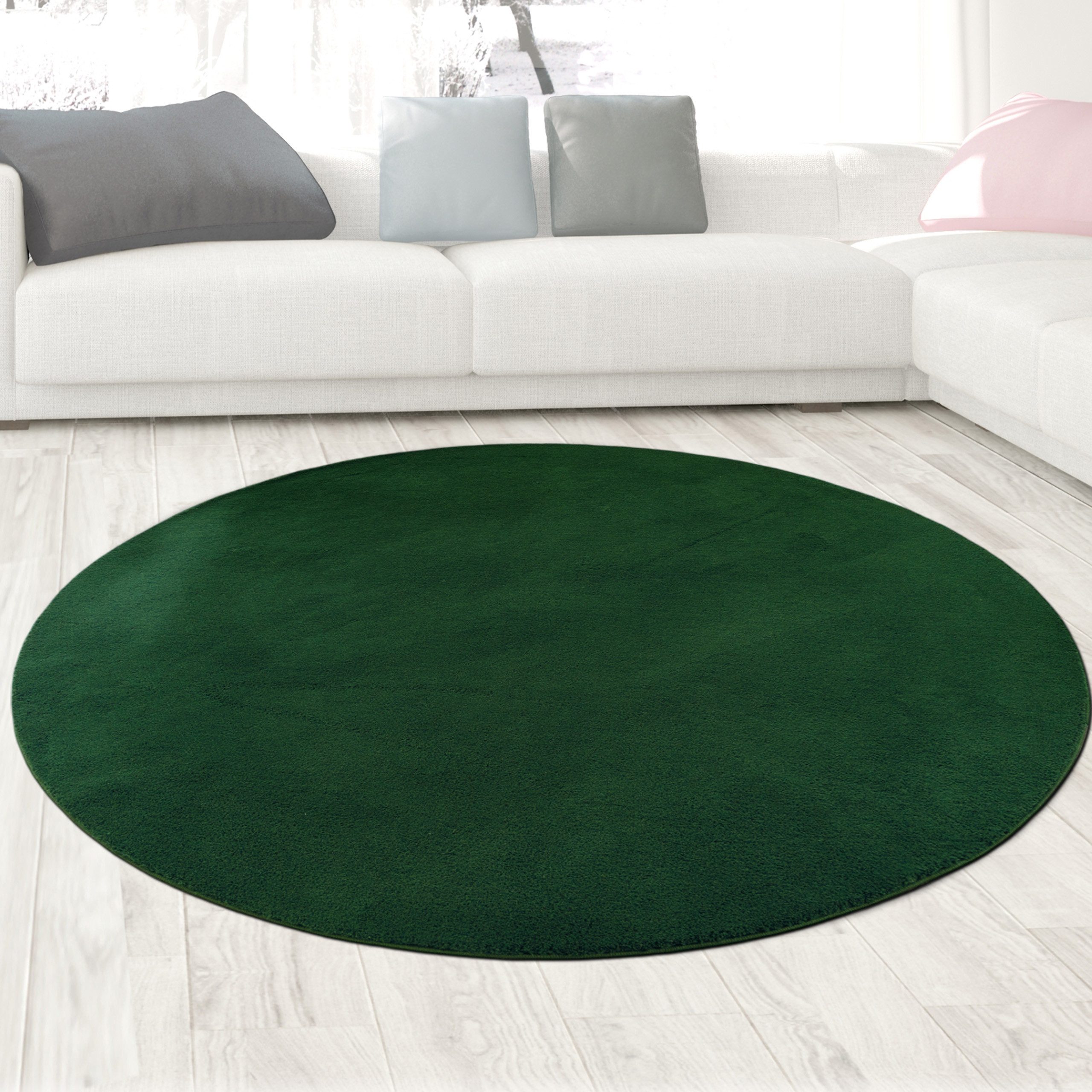 Carpetia Teppich Moderner Teppich grün samtig weich pflegeleicht für Wohnräume, rund